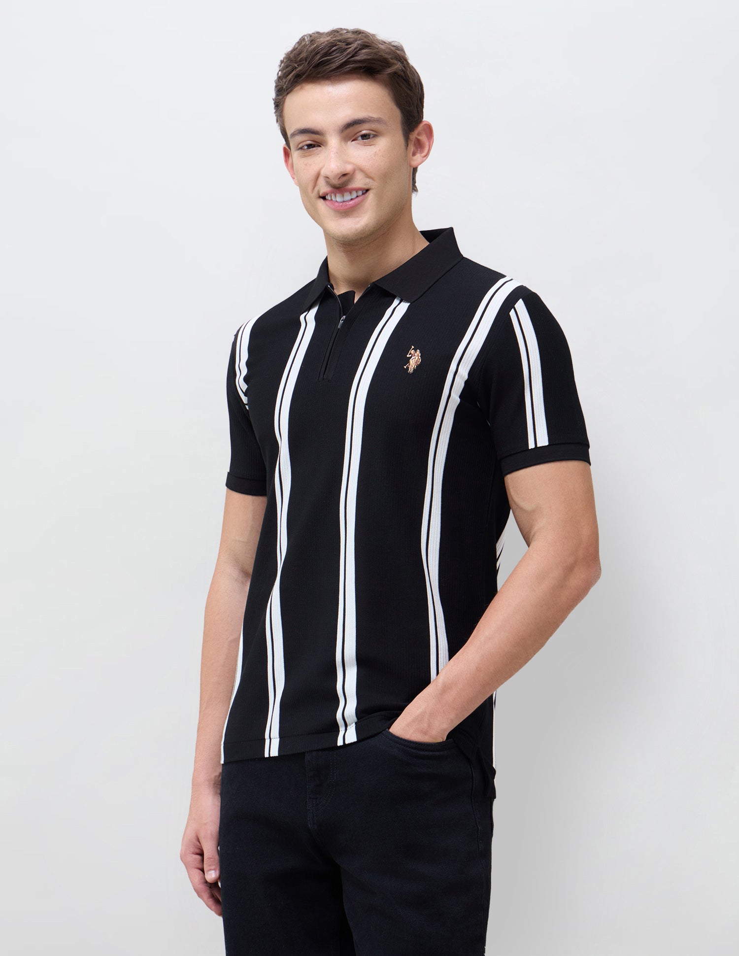 Vertical Striped Slim Fit Polo Shirt Black - U.S. Polo Assn. India | Large