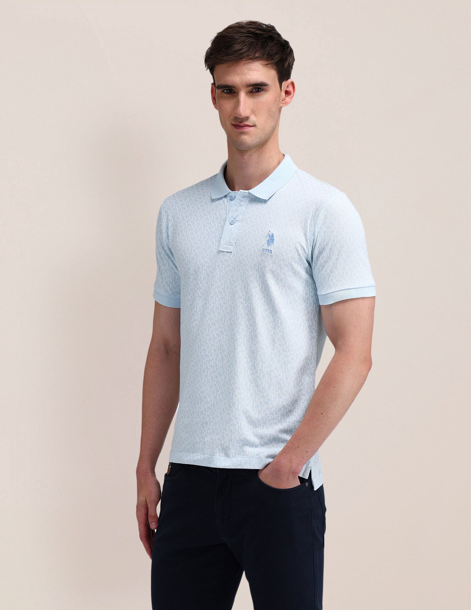 Slim Fit Printed Cotton Polo Shirt Blue - U.S. Polo Assn. India | Large