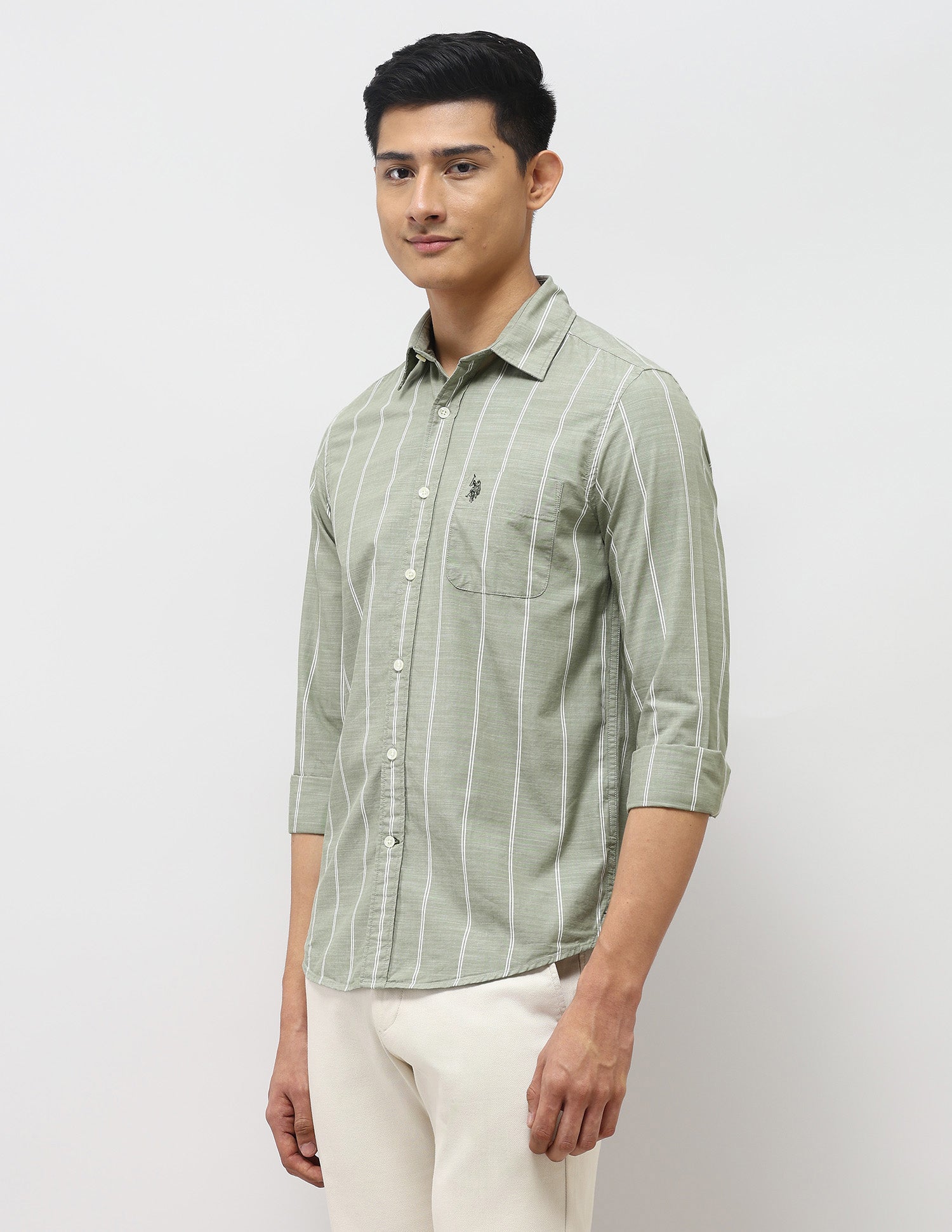 Vertical Striped Pure Cotton Shirt Light Olive - U.S. Polo Assn. India | Large