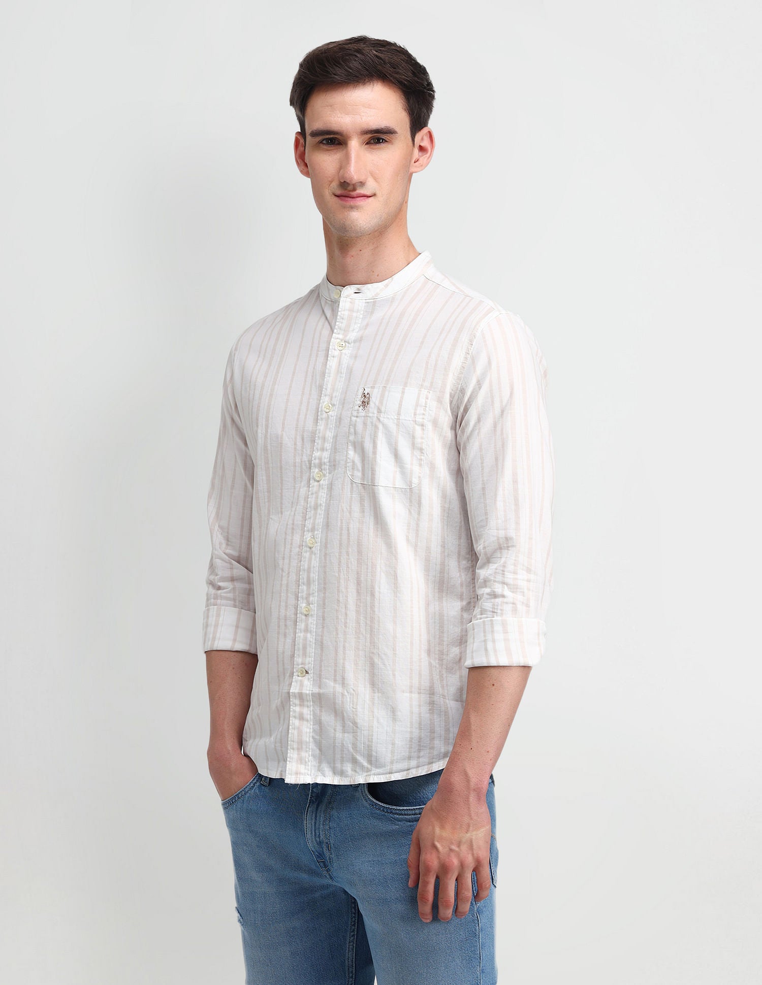 Mandarin Collar Slim Fit Shirt Ivory - U.S. Polo Assn. India | Large