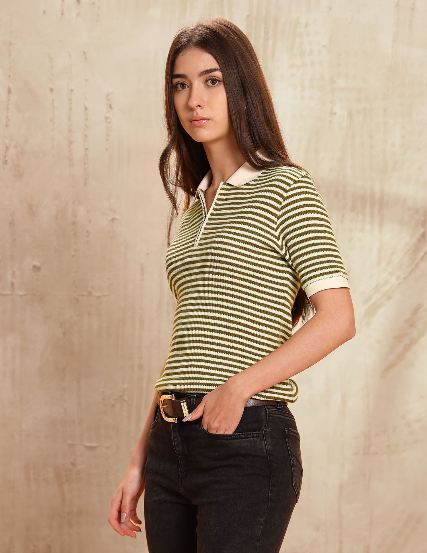 Reglar Fit Horizontal Striped Top Olive - U.S. Polo Assn. India | Large