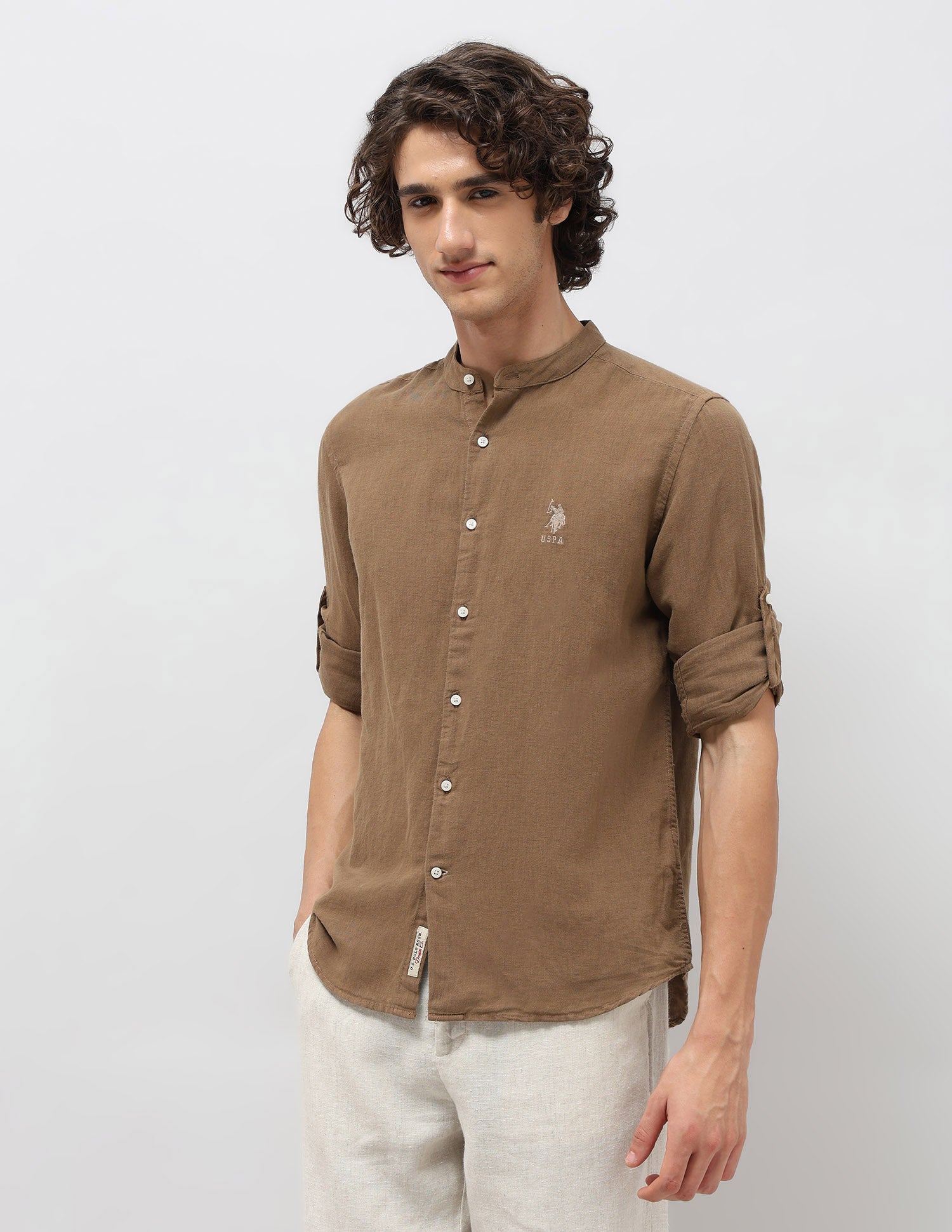 Solid Regular Fit Mandarin Shirt Khaki - U.S. POLO ASSN. | Large