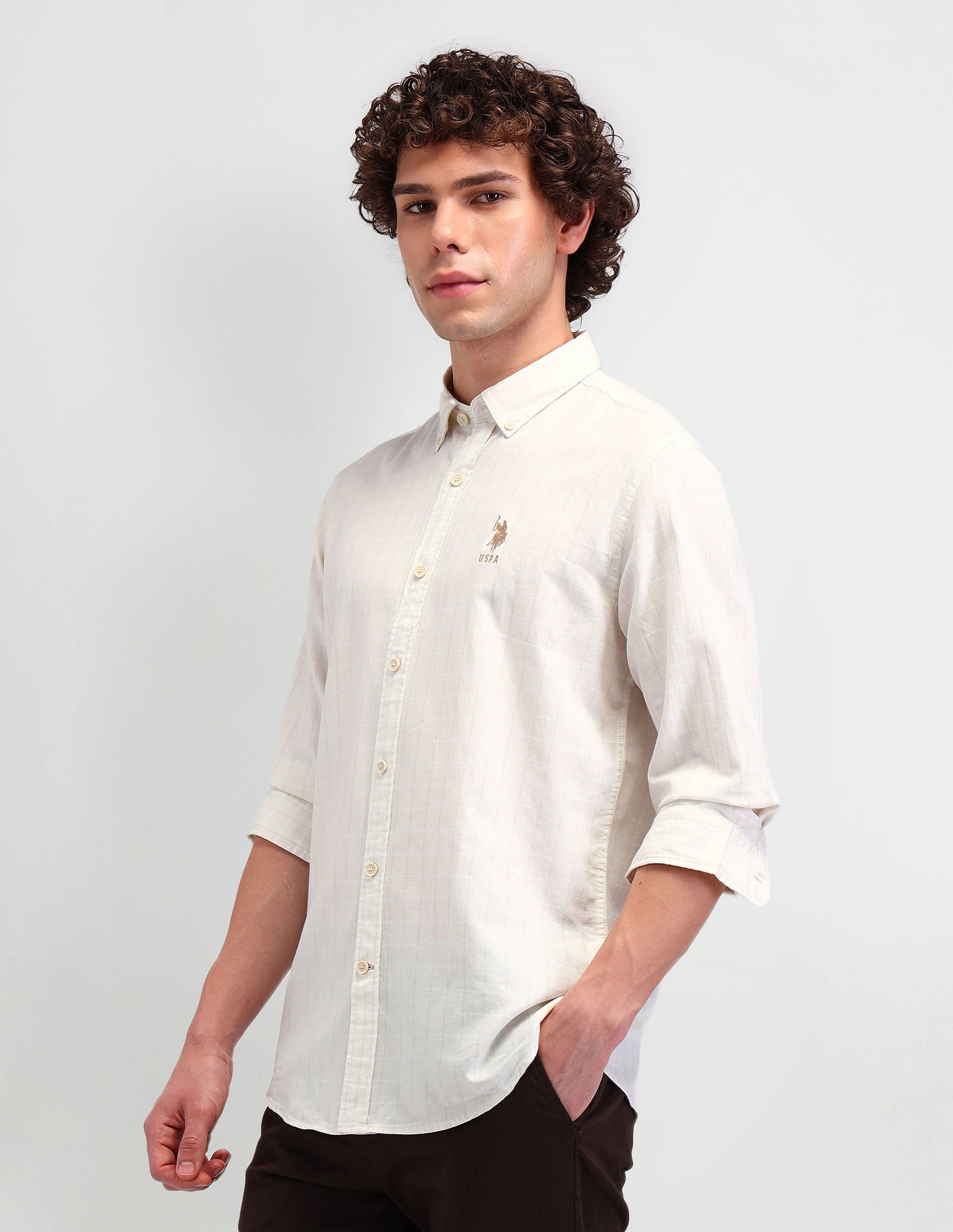 Slim Fit Button Down Shirt Ivory - U.S. Polo Assn. India | Large