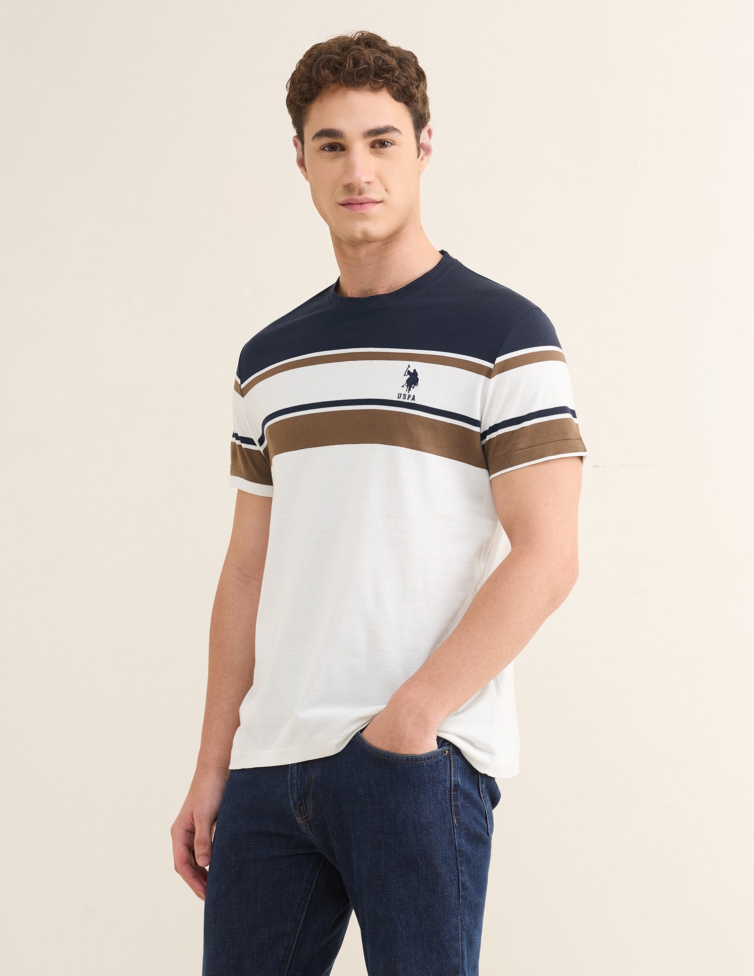 Horizontal Striped Slim Fit T-Shirt Off White - U.S. Polo Assn. India | Large