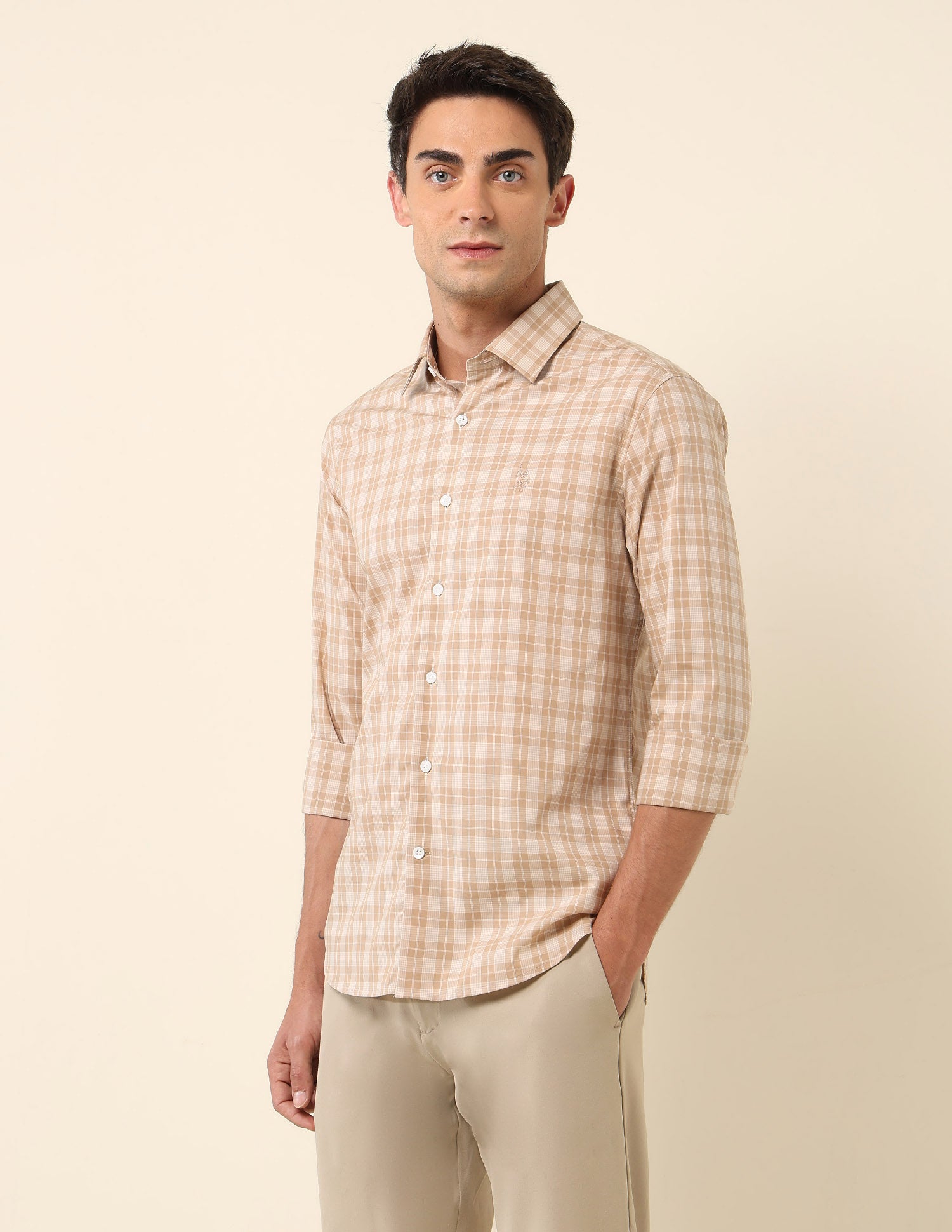 Grid Tattersall Checked Tailored Fit Shirt Beige - U.S. Polo Assn. India | Large