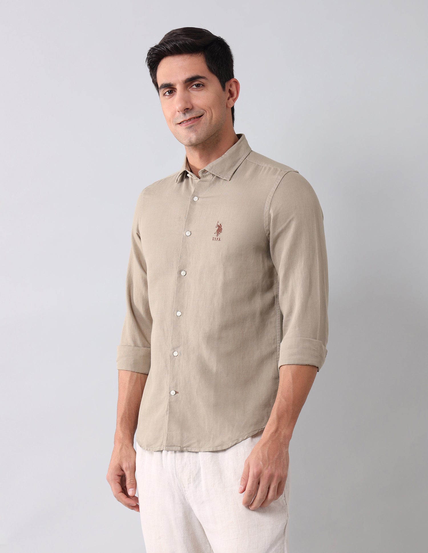 Regular Fit Solid Shirt Khaki - U.S. Polo Assn. India | Large
