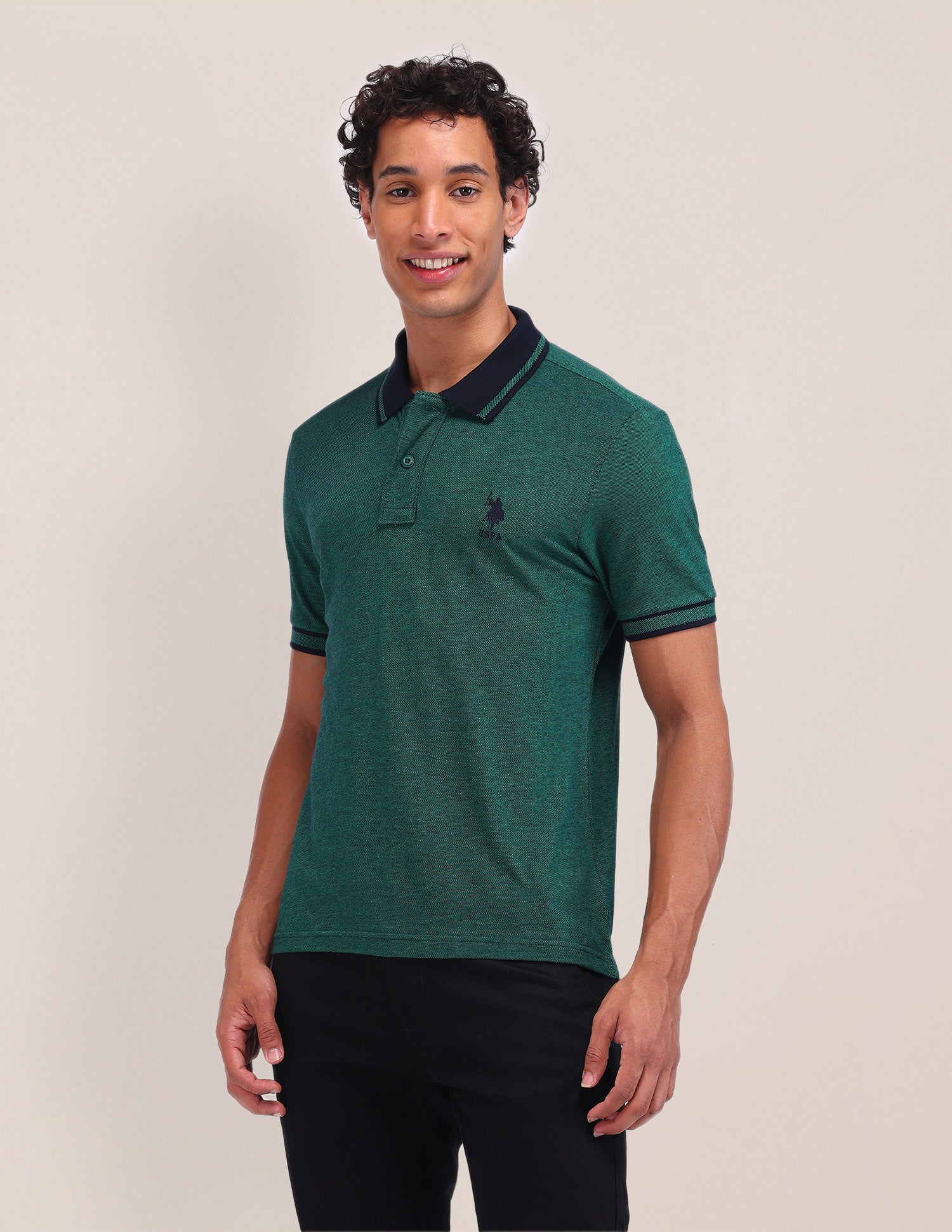 Textured Cotton Polo Shirt Dark Green - U.S. Polo Assn. India | Large