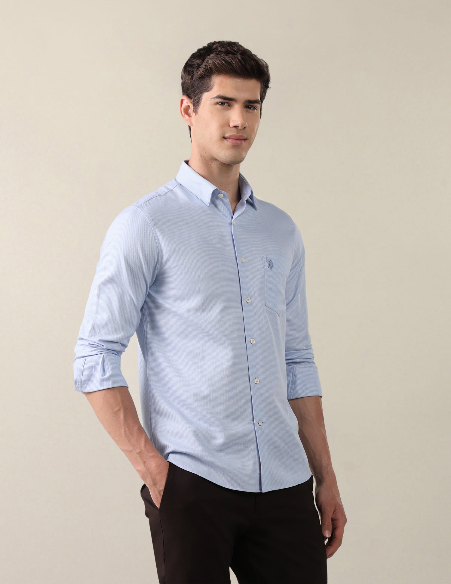 Textured Tailored Fit Shirt Blue - U.S. Polo Assn. India | Large