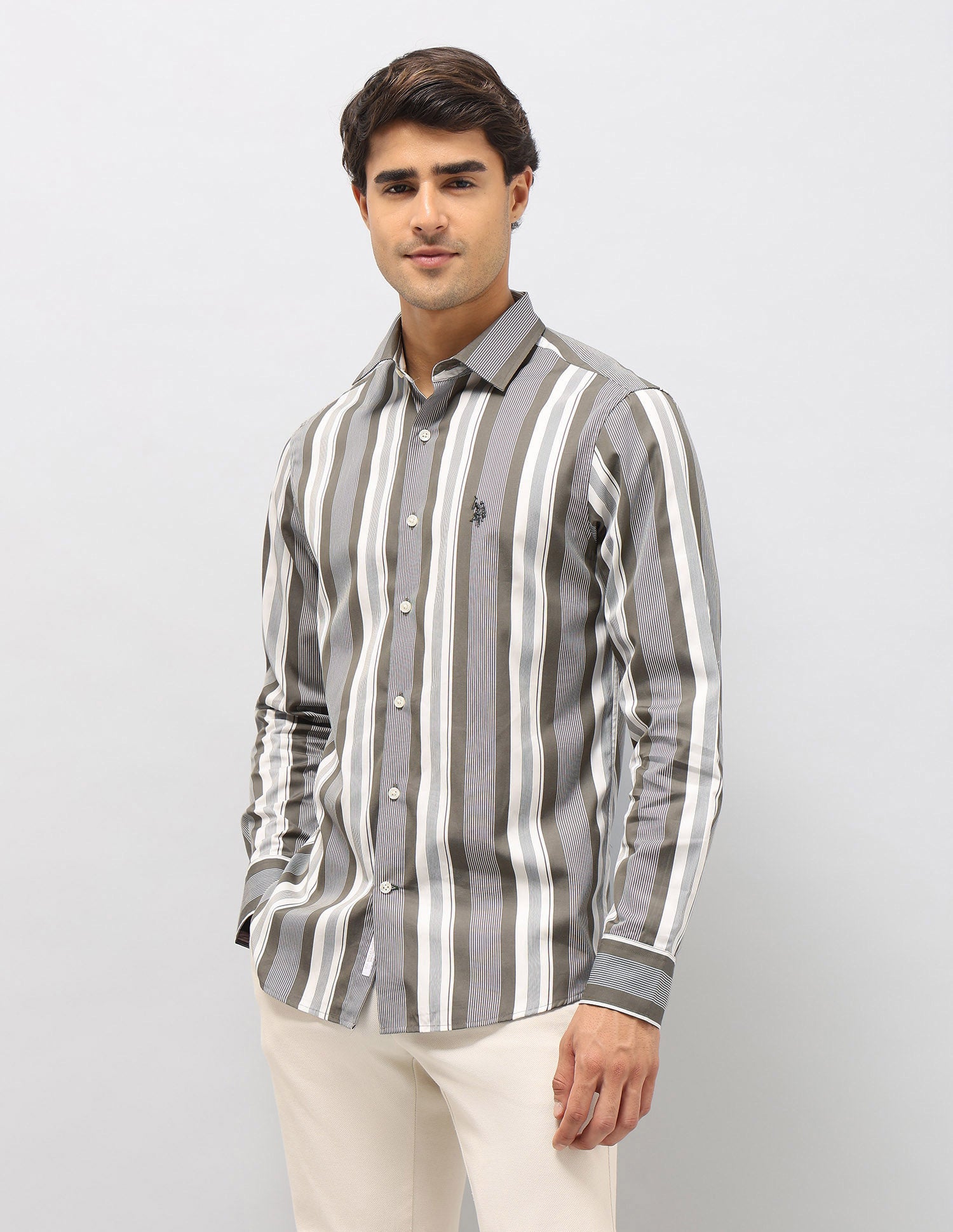 Vertical Striped Pure Cotton Shirt Olive - U.S. POLO ASSN. | Large