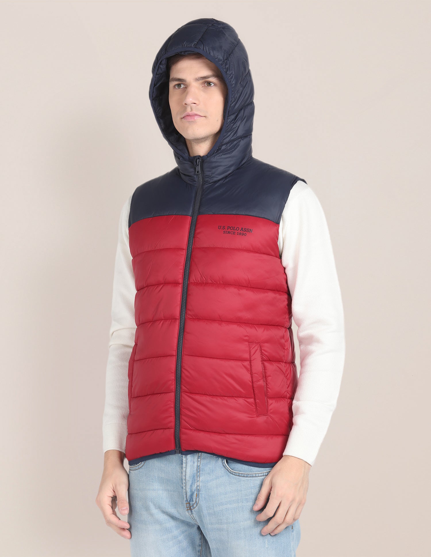 Colour Blocked Hooded Puffer Jacket Red - U.S. POLO ASSN. | Large