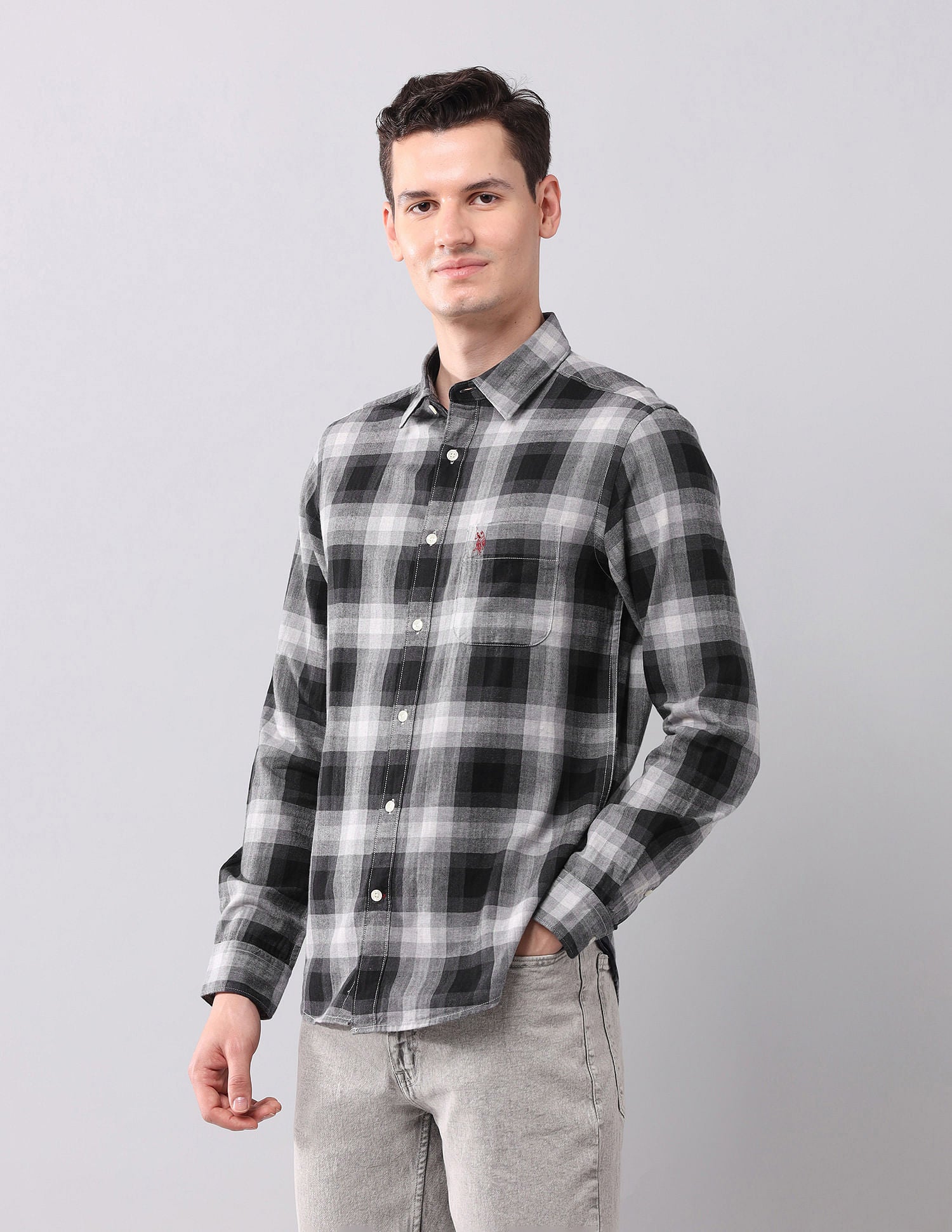 Tartan Checked Herringbone Shirt Grey - U.S. POLO ASSN. | Large