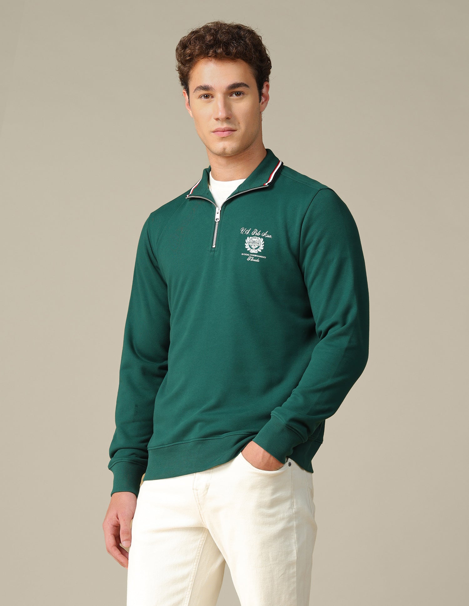 Solid Zipper Sweatshirt Dark Green - U.S. Polo Assn. India | Large