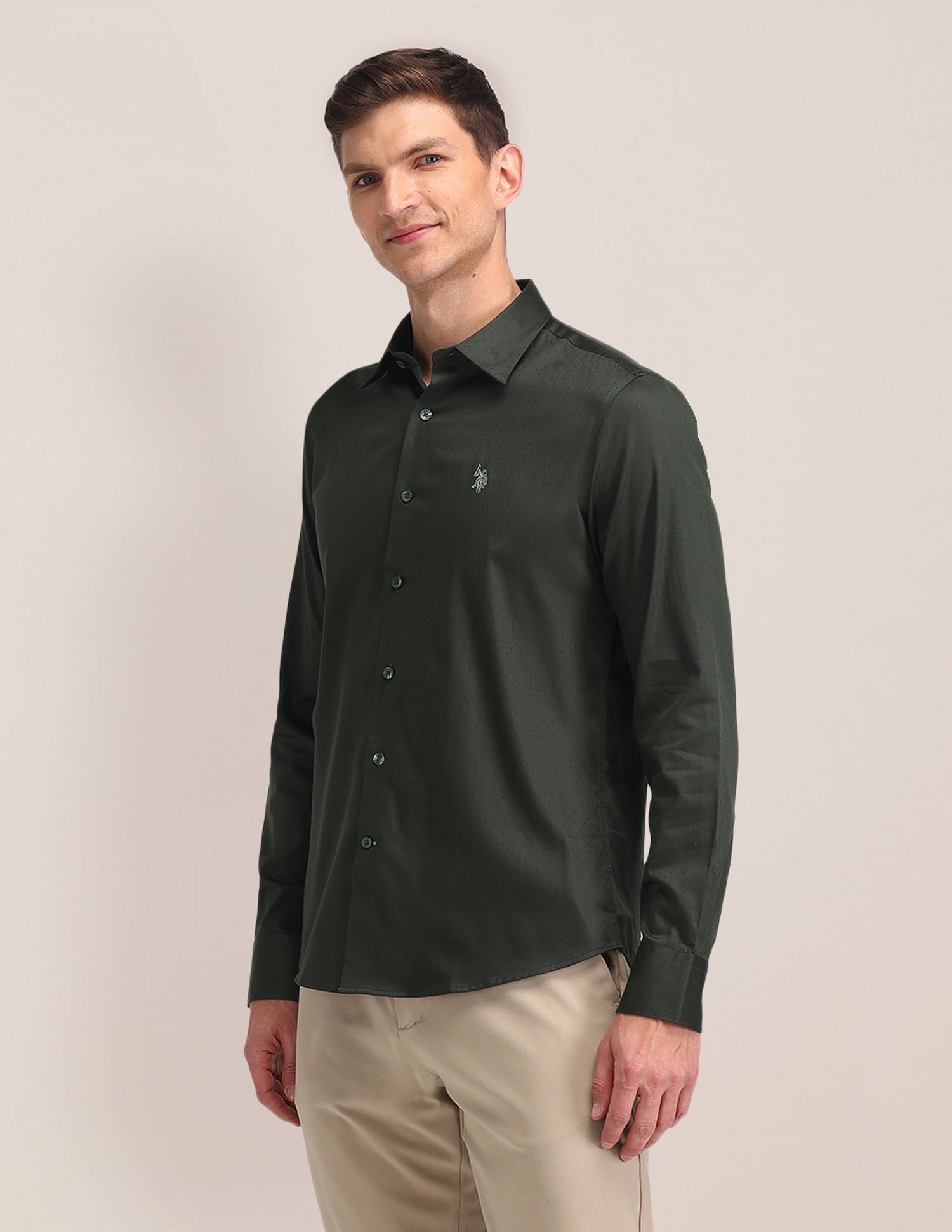 Regular Fit Satin Shirt Olive - U.S. POLO ASSN. | Large
