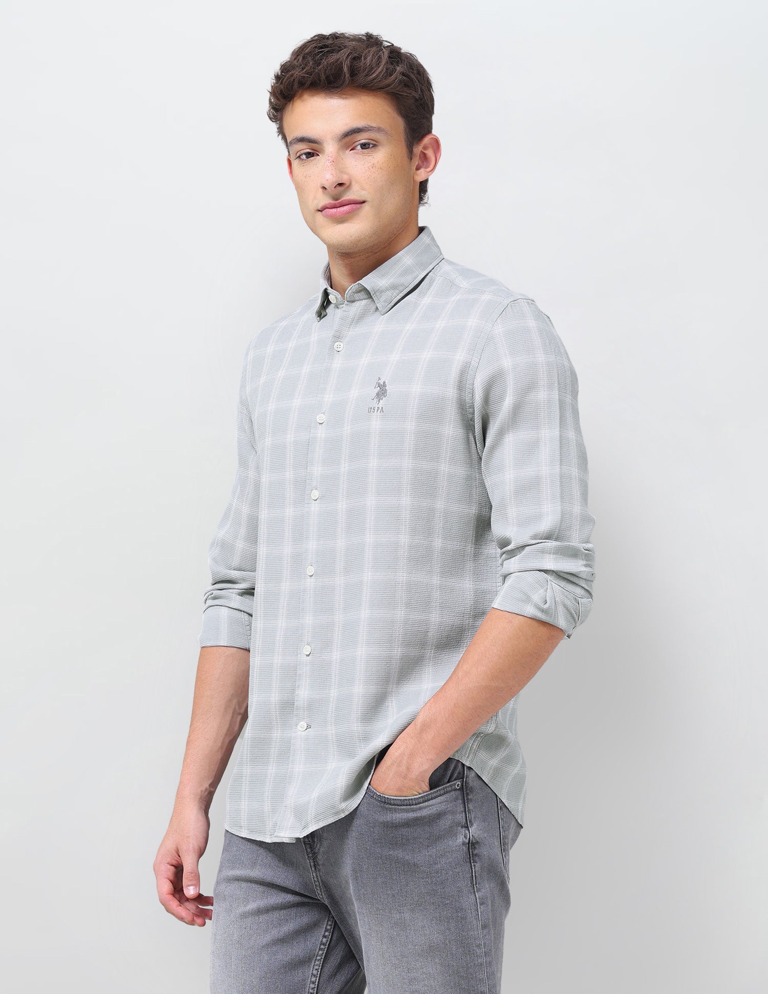 Grid Tattersall Checked Regular Fit Shirt Grey - U.S. Polo Assn. India | Large