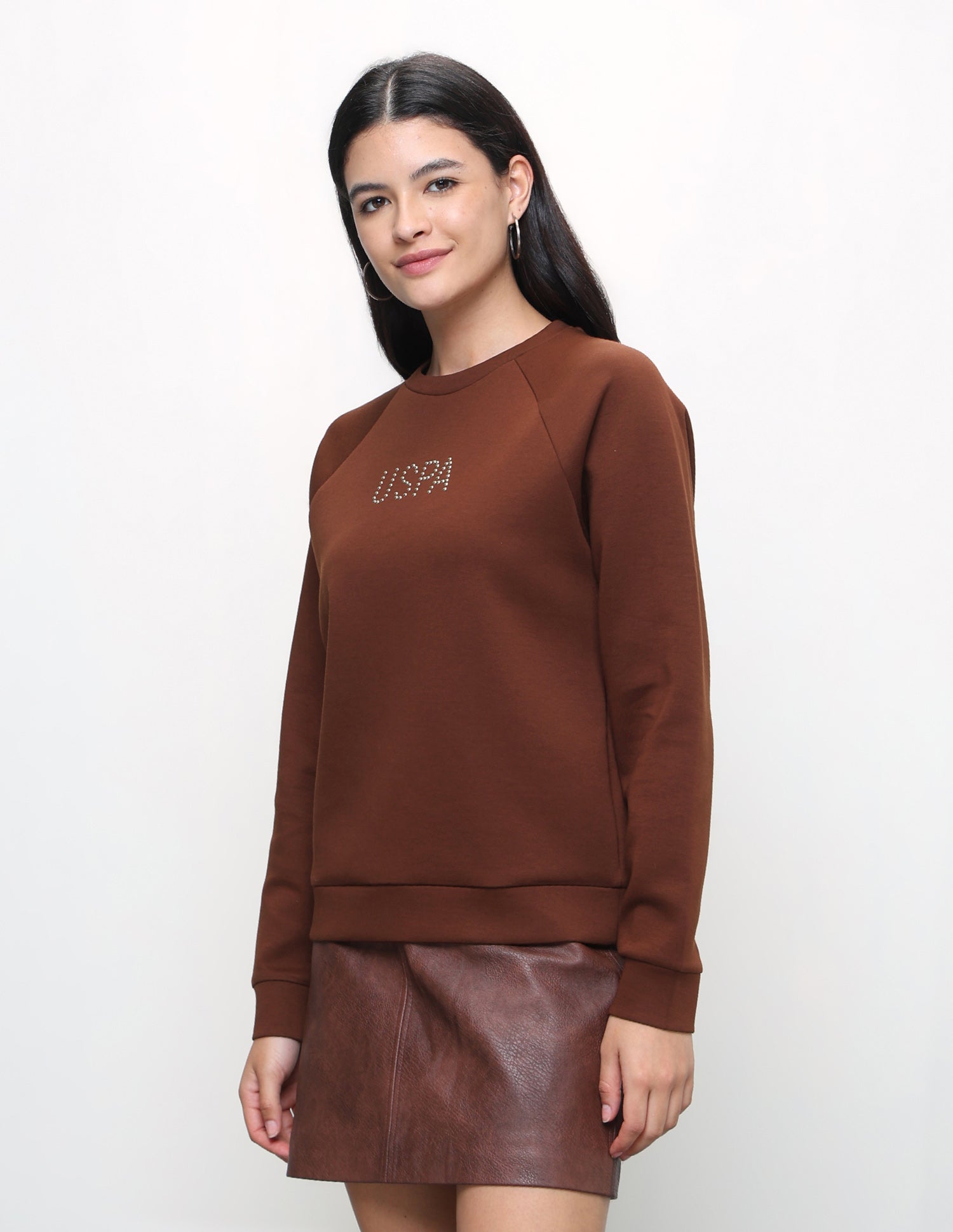 Brand Stud Embellished Oversized Fit Sweatshirt Brown - U.S. Polo Assn. India | Large