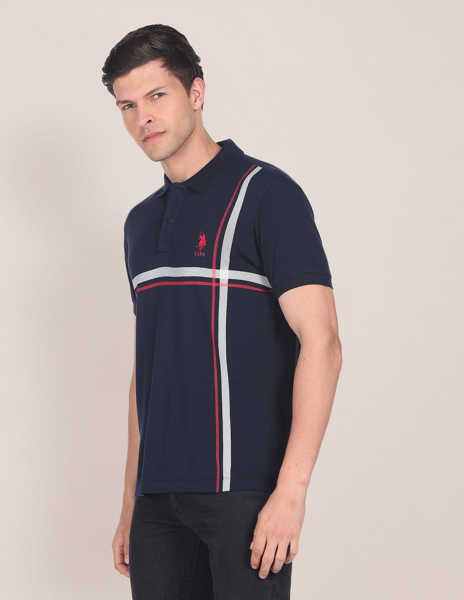 Offset Stripe Cotton Polo Shirt Navy - U.S. Polo Assn. India | Large