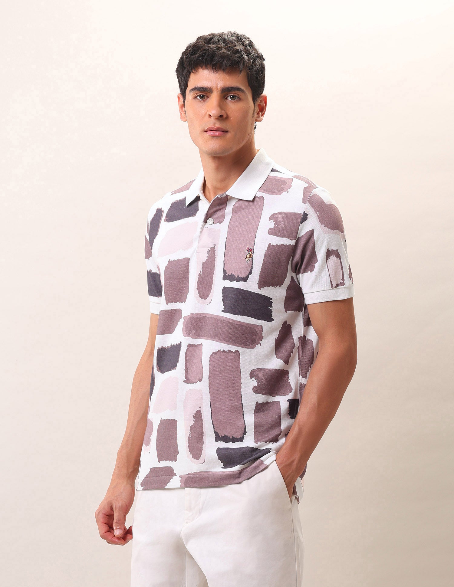 Abstract Printed Pure Cotton Polo Shirt Ivory - U.S. Polo Assn. India | Large