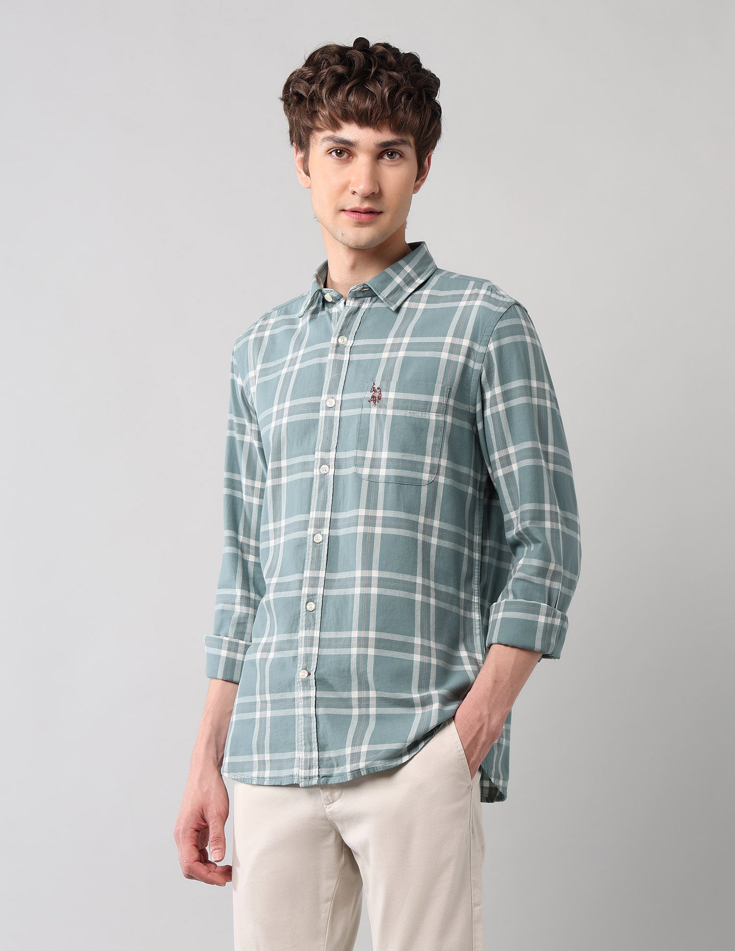 Grid Tattersall Checked Pure Cotton Shirt Green - U.S. POLO ASSN. | Large