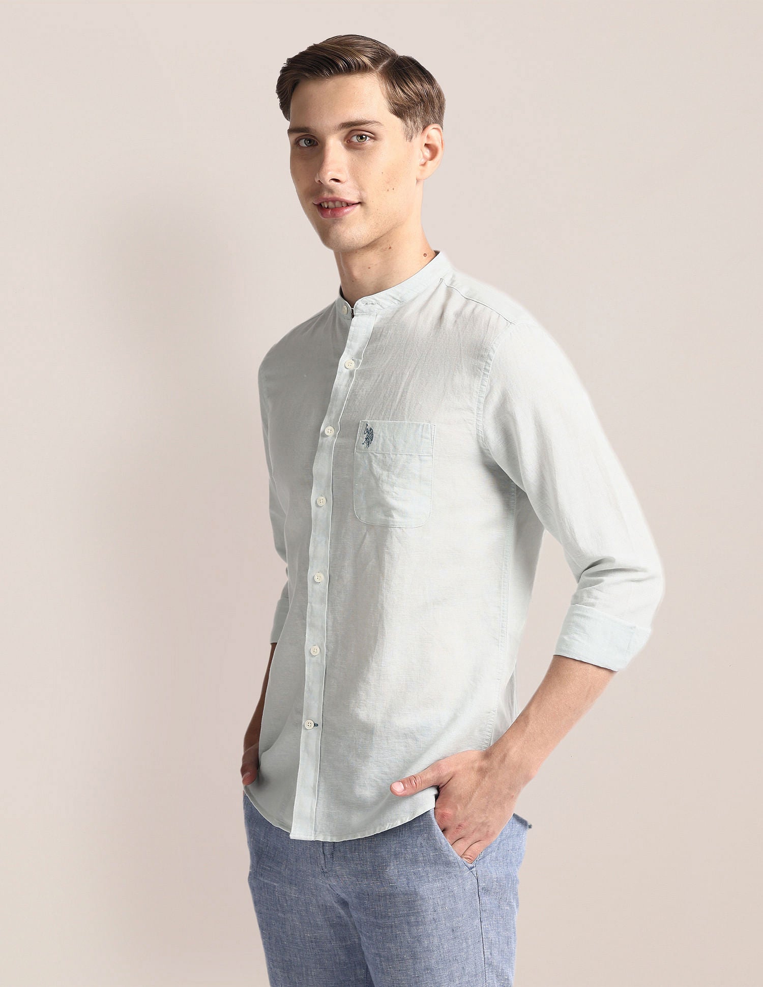 Mandarin Collar Linen Blend Shirt Light Aqua - U.S. Polo Assn. India | Large