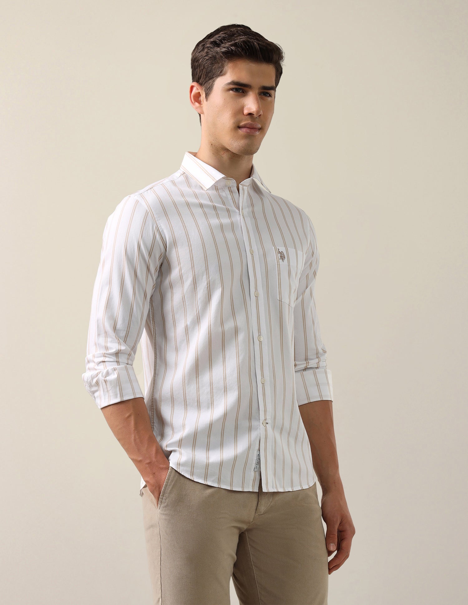 Vertical Striped Tailored Fit Shirt Beige - U.S. Polo Assn. India | Large