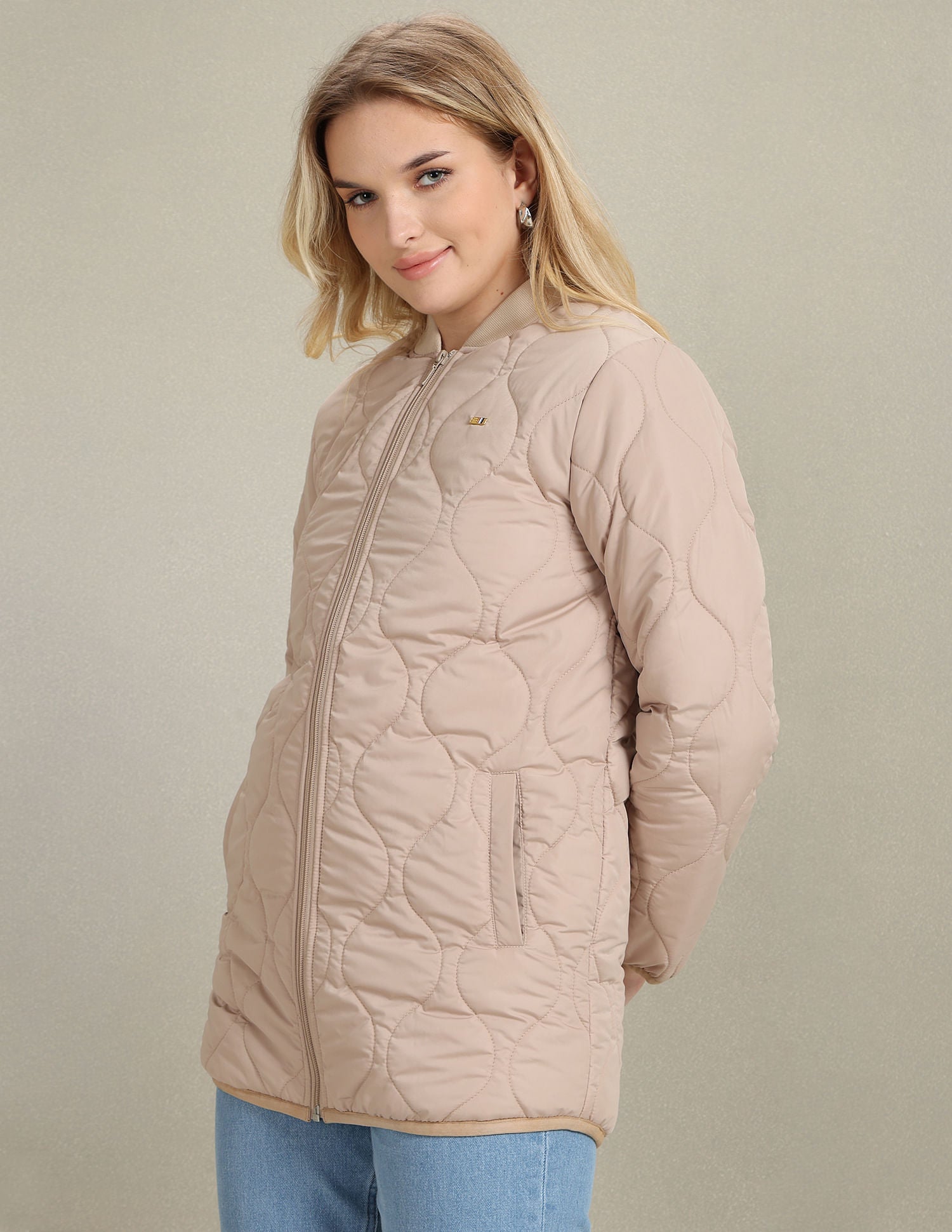 Stand Collar Longline Quilted Jacket Beige - U.S. POLO ASSN. | Large
