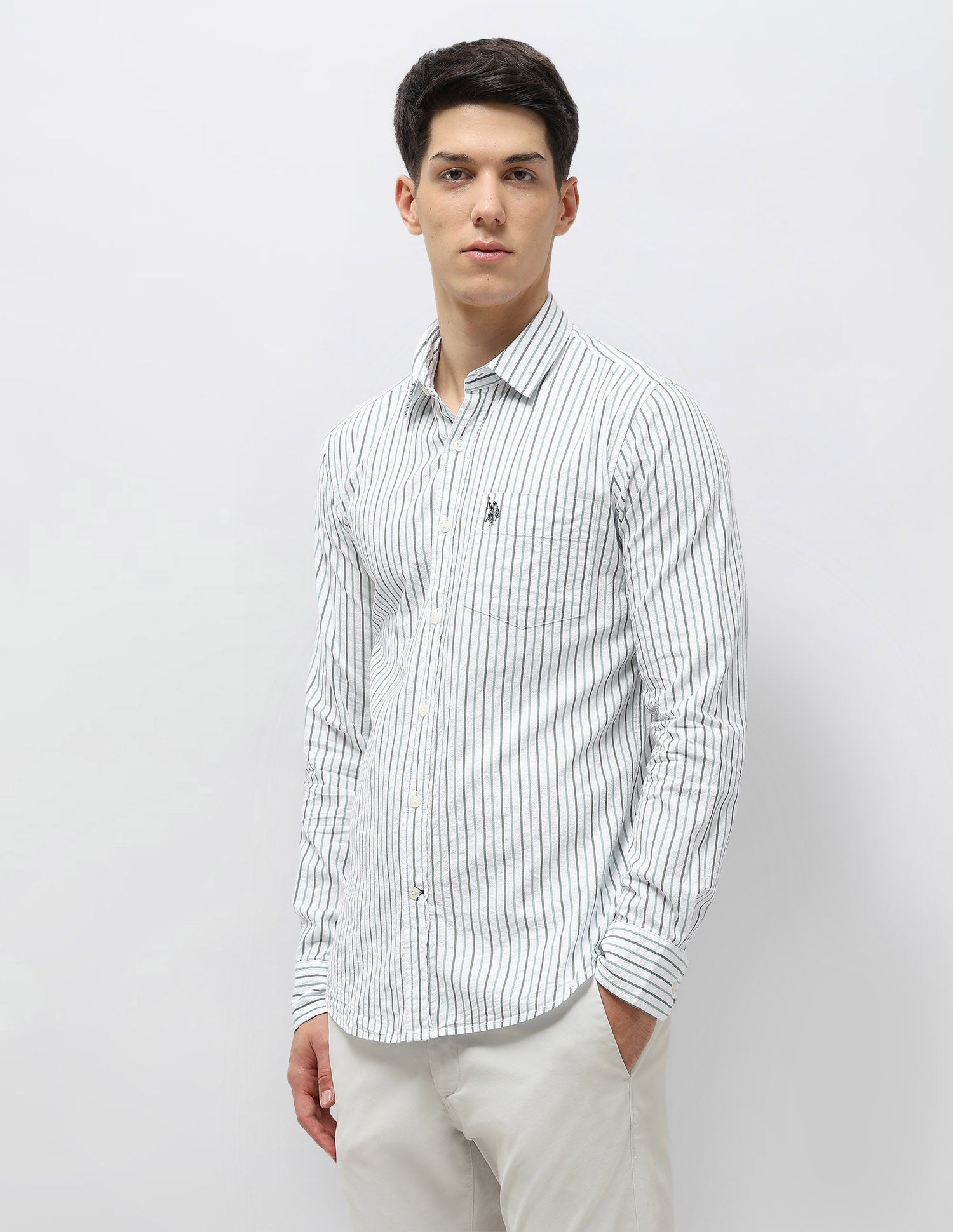 Vertical Striped Seersucker Shirt Light Green - U.S. Polo Assn. India | Large