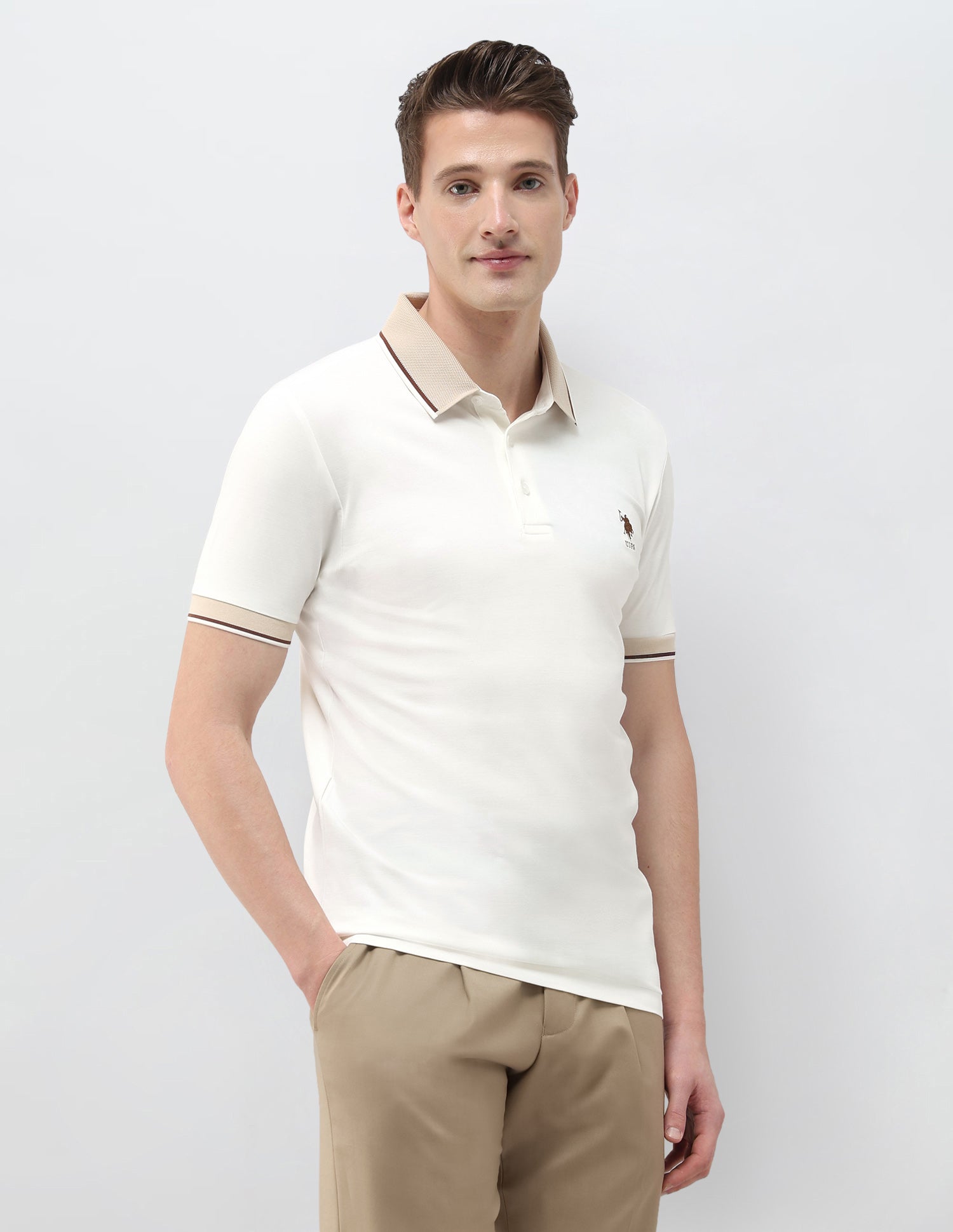 Solid Slim Fit Polo Shirt Off White - U.S. Polo Assn. India | Large