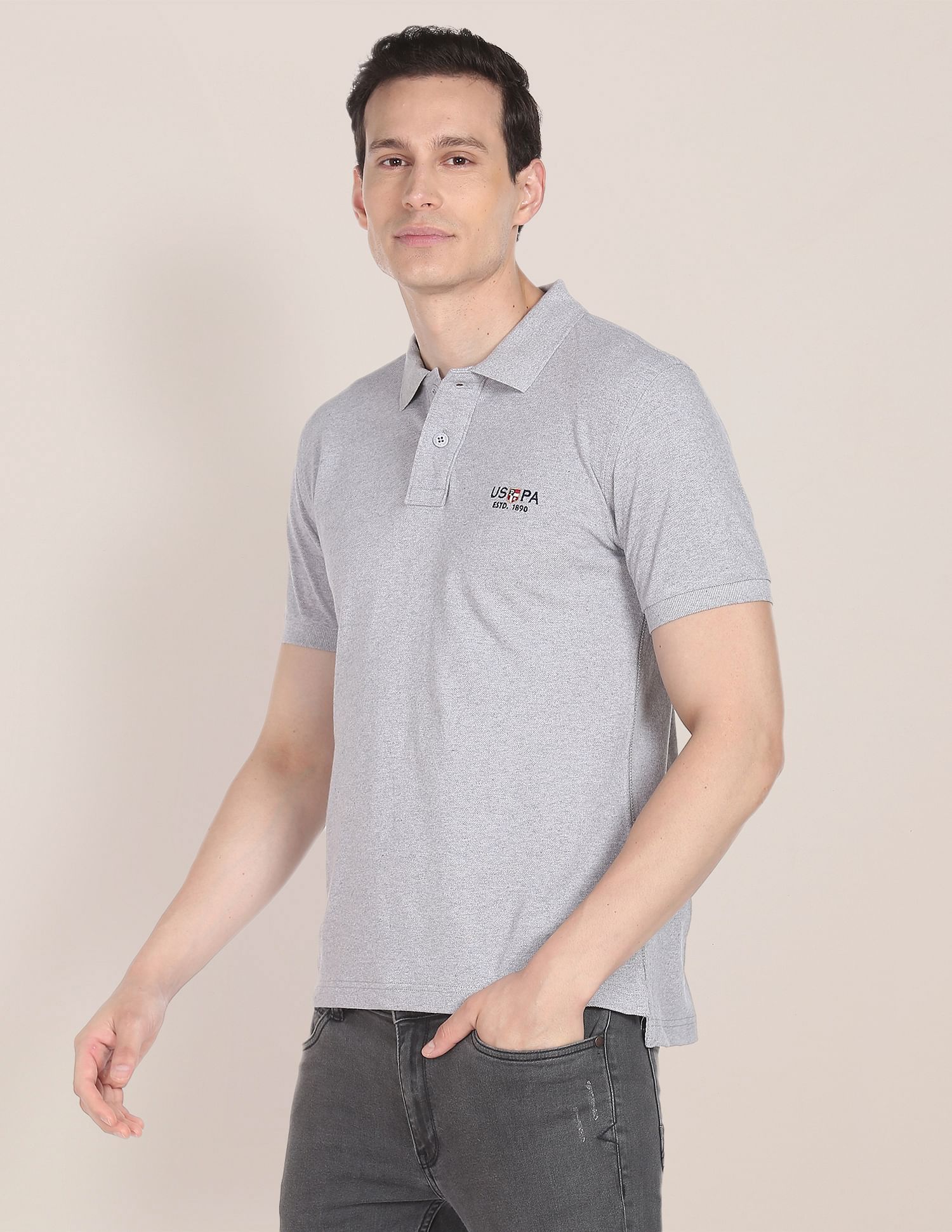 Embroidered Logo Heathered Polo Shirt Light Grey - U.S. Polo Assn. India | Large