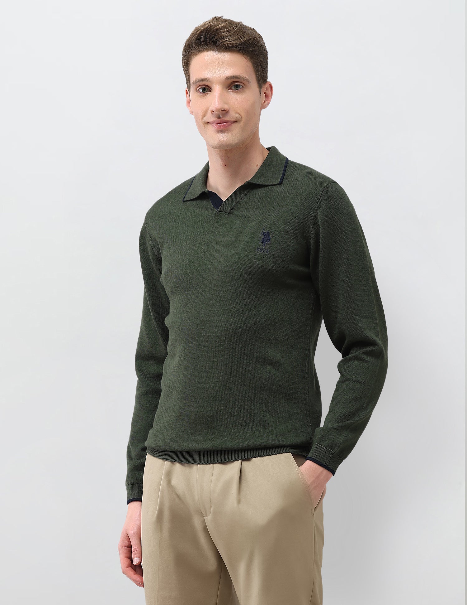 Solid Regular Fit Sweater Olive - U.S. Polo Assn. India | Large