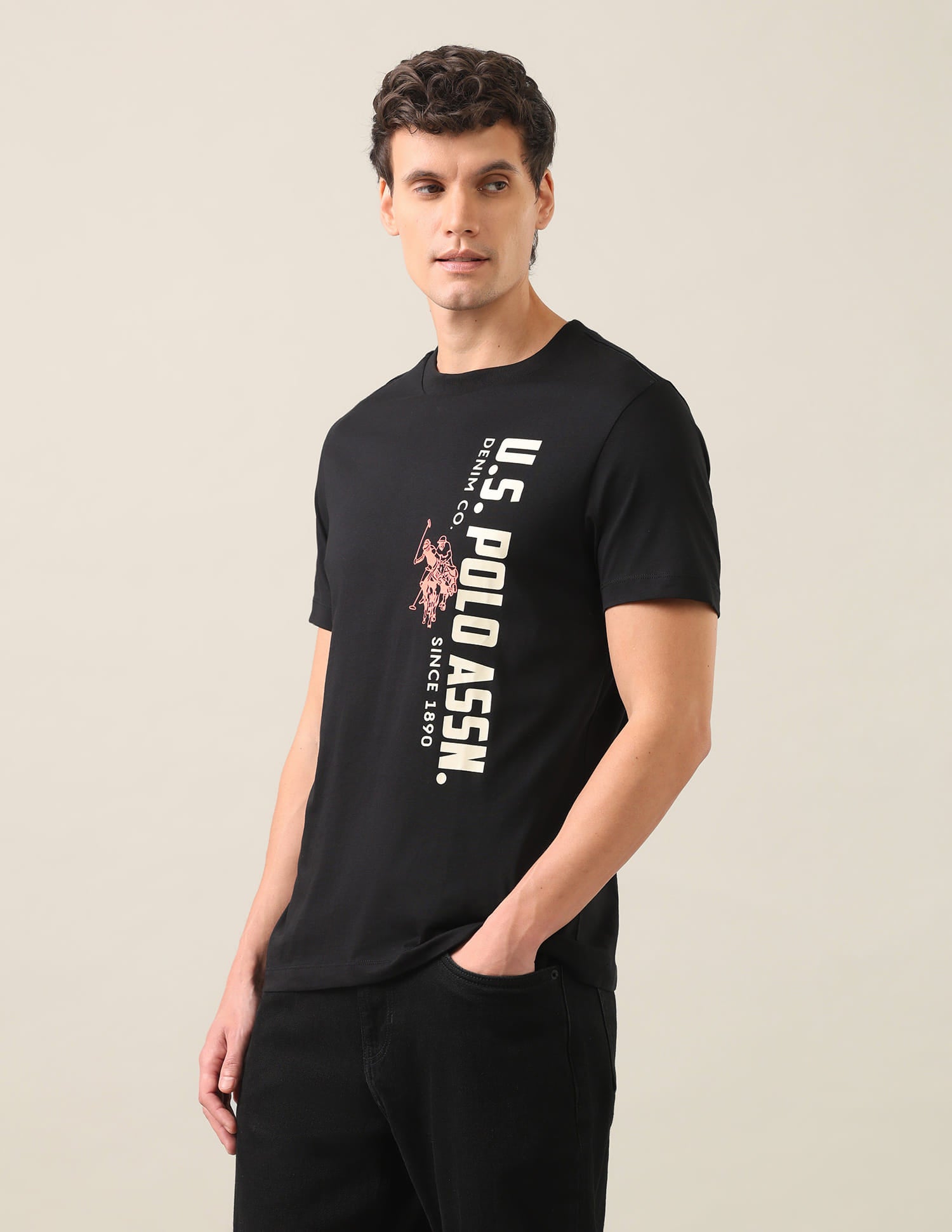 Typographic Brand Printed Regular Fit T-Shirt Black - U.S. Polo Assn. India | Large
