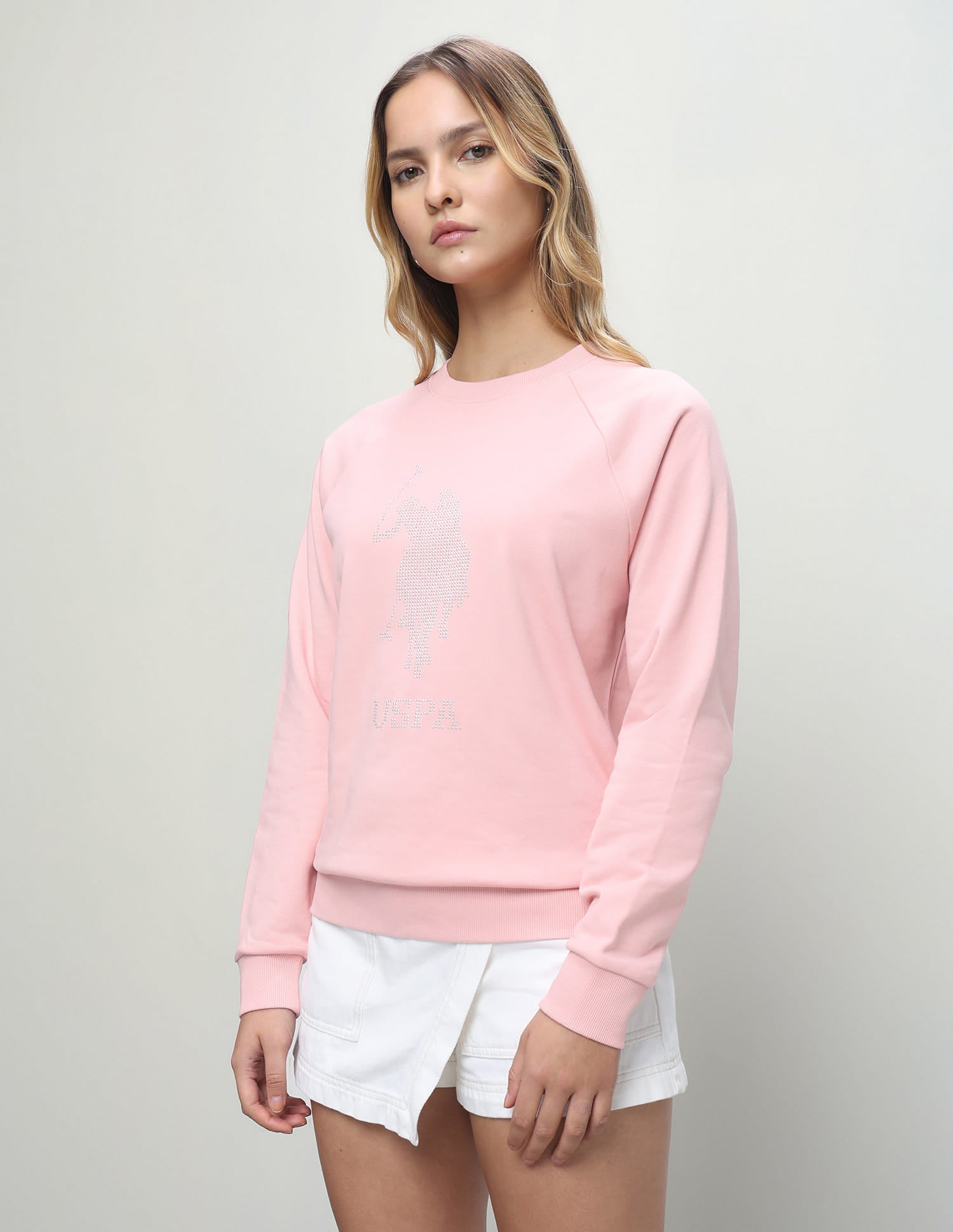 Brand Embellished Regular Fit Sweatshirt Light Pink - U.S. Polo Assn. India | Large