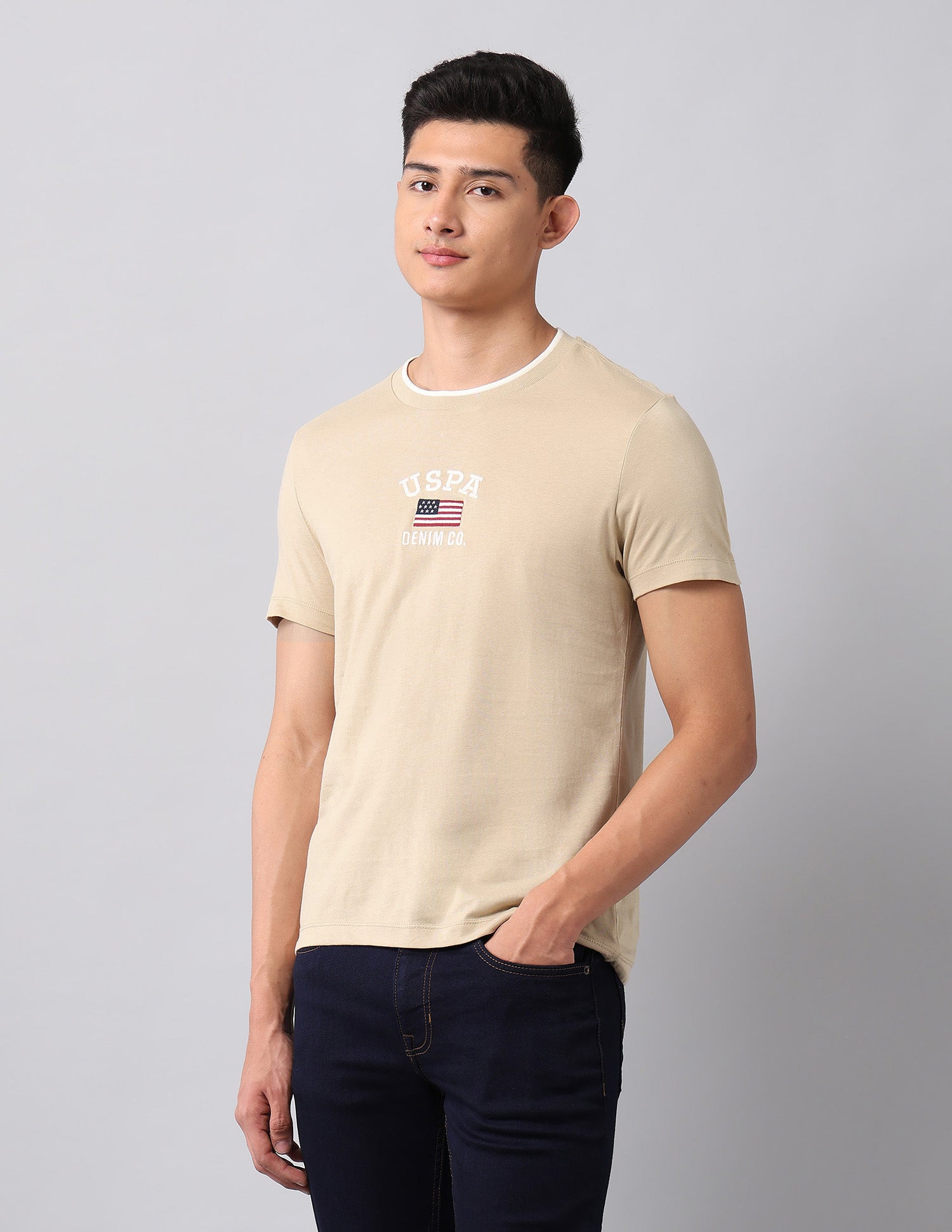 Muscle Fit Brand Embroidered T-Shirt Beige - U.S. Polo Assn. India | Large