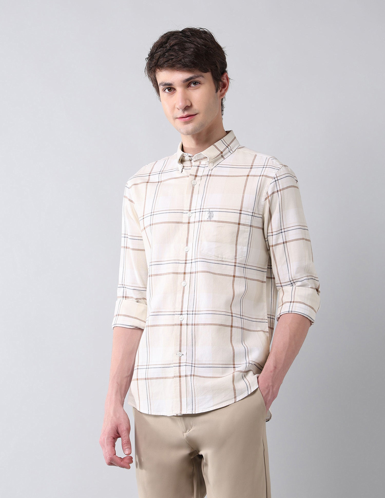 Grid Tattersall Checked Pure Cotton Shirt Ecru - U.S. Polo Assn. India | Large