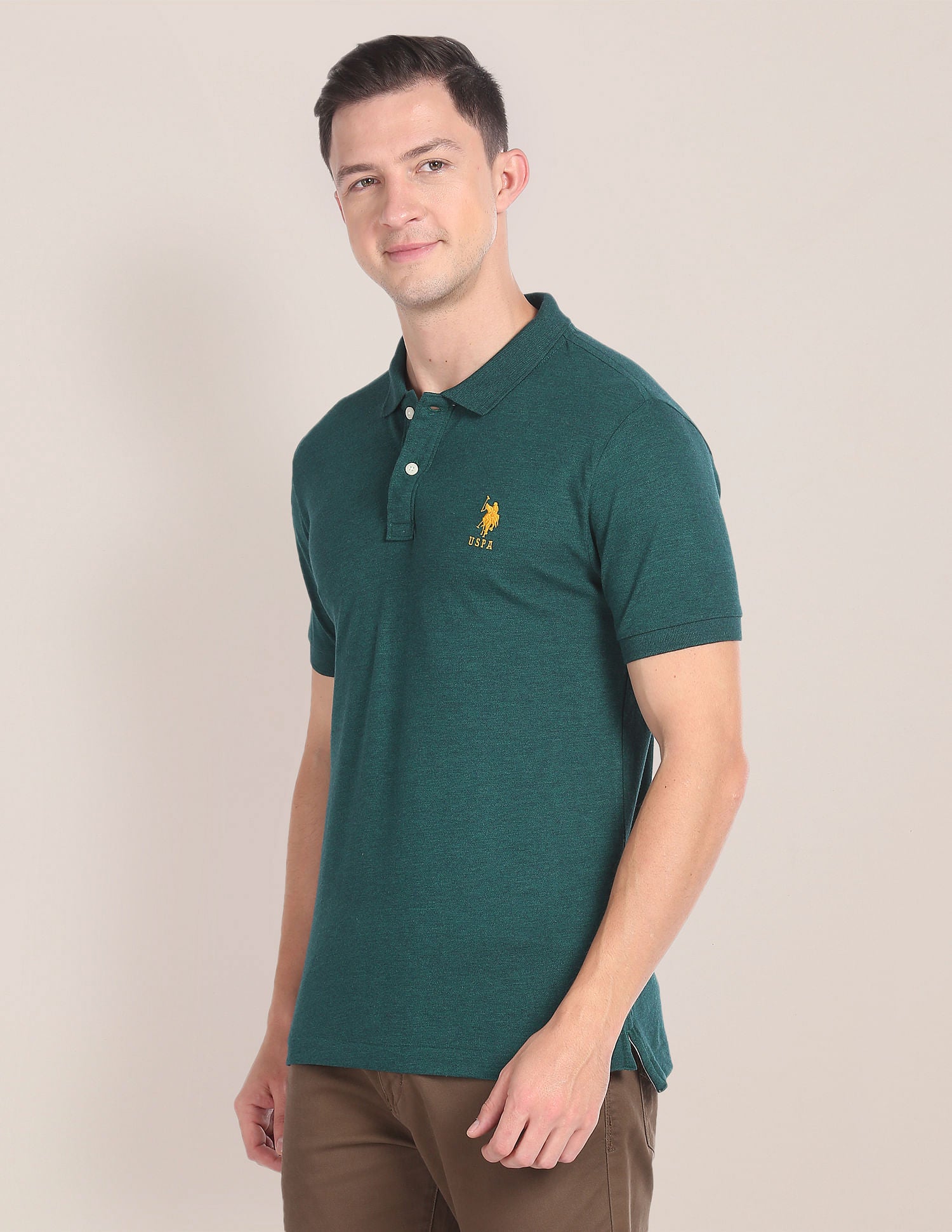 Embroidered Logo Heathered Polo Shirt Dark Green - U.S. Polo Assn. India | Large