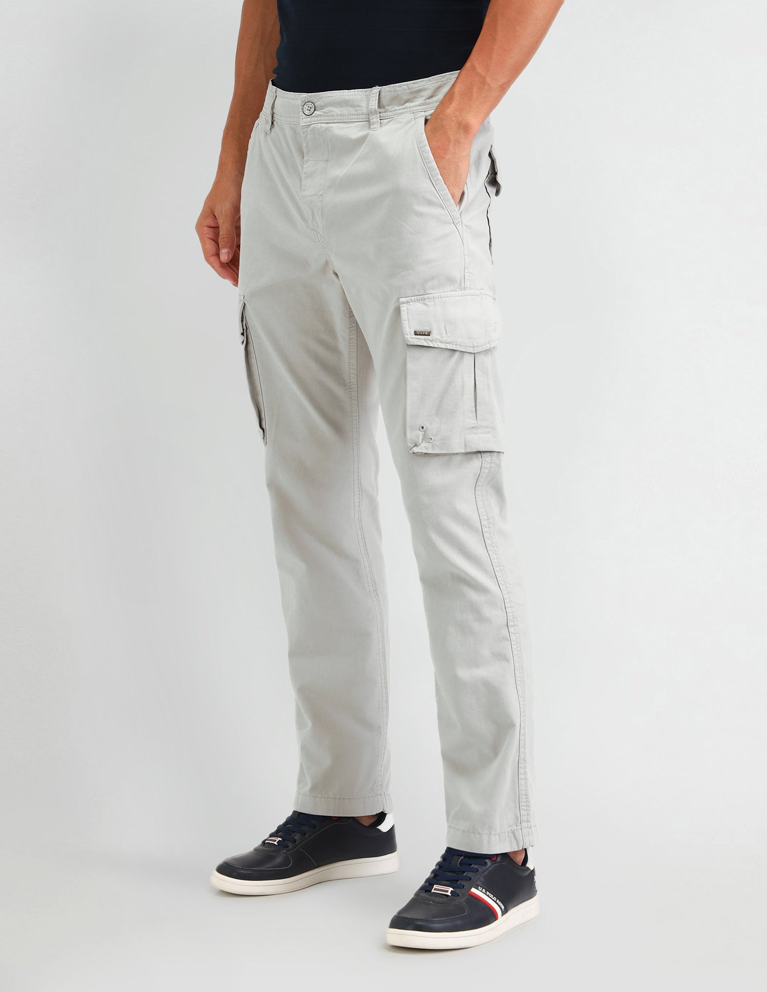 Straight Fit Textured Trousers Light Grey - U.S. Polo Assn. India | Large