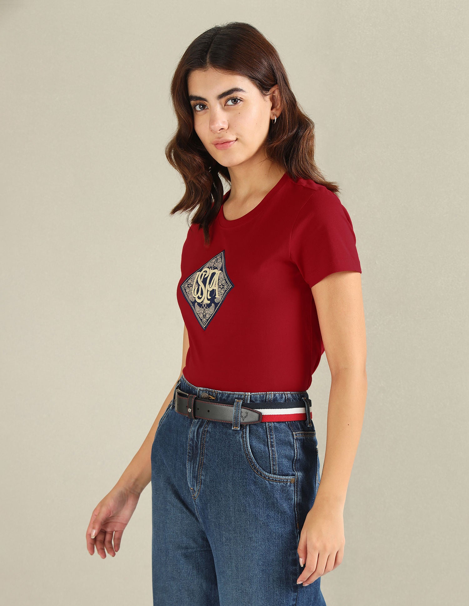 Patchwork Logo Cotton T-Shirt Maroon - U.S. POLO ASSN. | Large