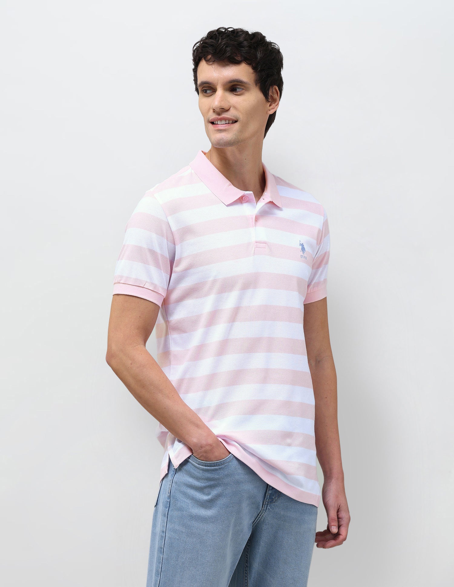 Horizontal Striped Slim Fit Polo Shirt Pink - U.S. Polo Assn. India | Large