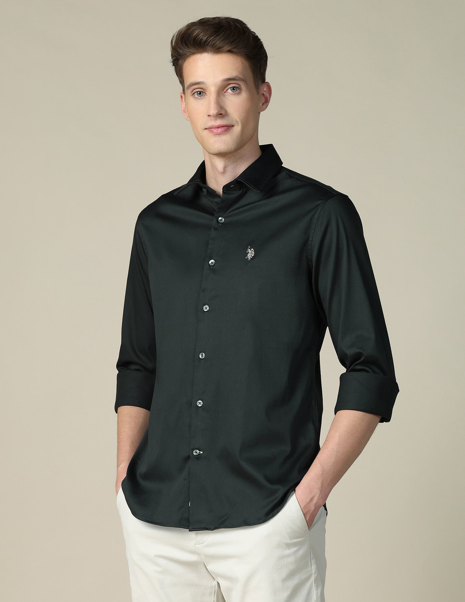 Tailored Fit Satin Shirt Olive - U.S. POLO ASSN. | Large