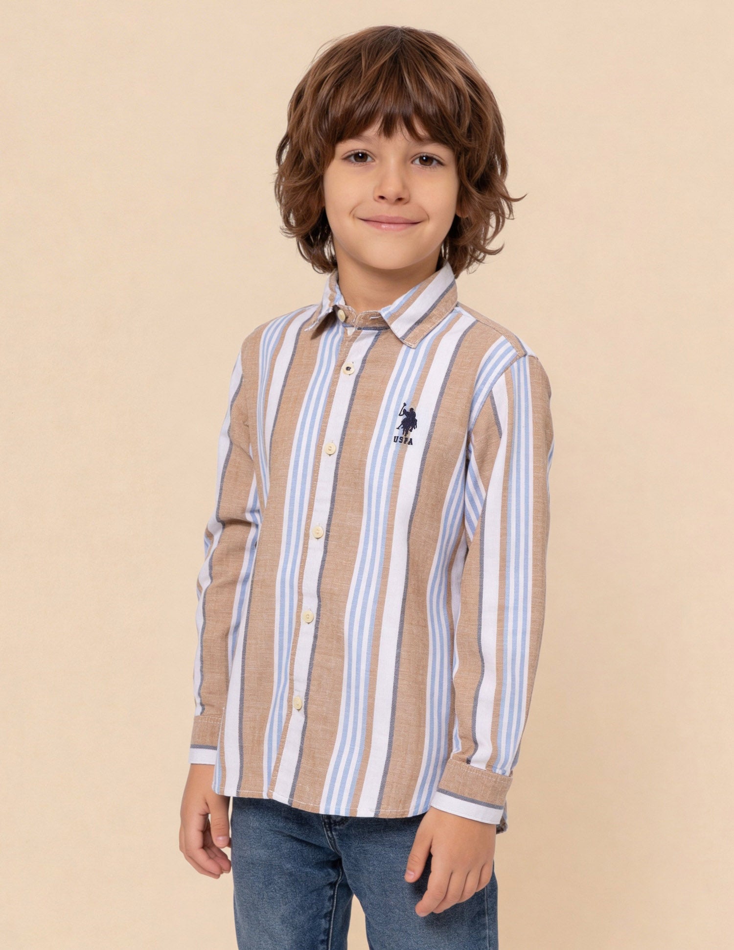 Vertical Striped Dobby Shirt Light Brown - U.S. Polo Assn. India | Large