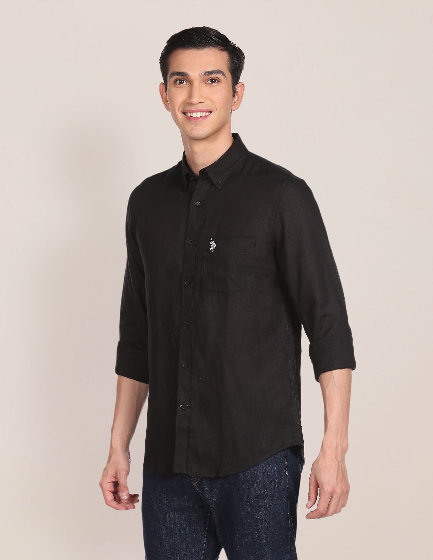 Men Black Linen Solid Casual Shirt Black - U.S. POLO ASSN. | Large