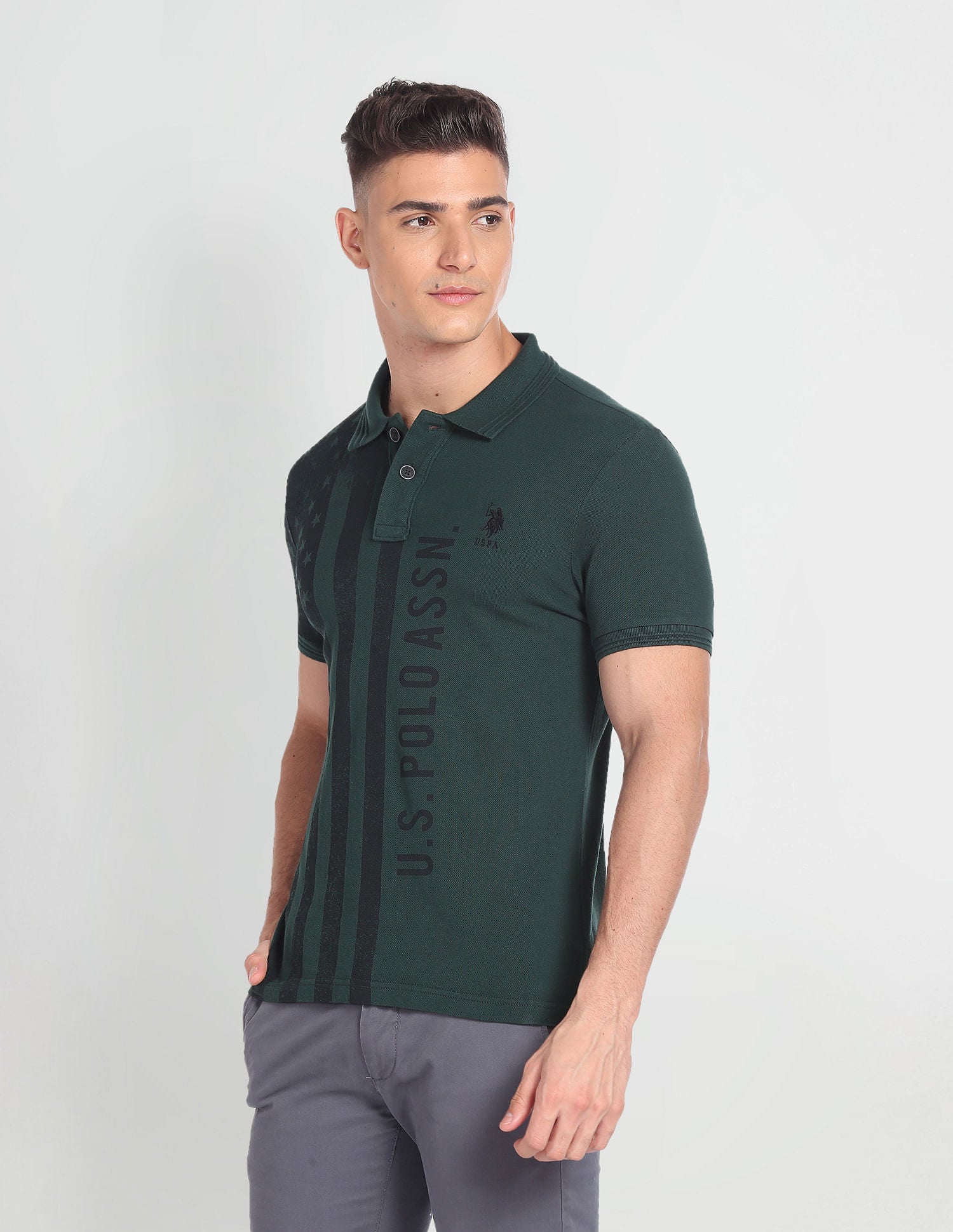 Graphic Print Cotton Polo Shirt Dark Green - U.S. Polo Assn. India | Large