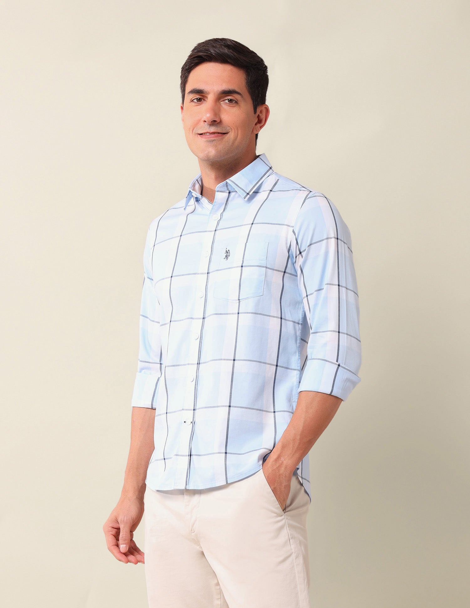 Windowpane Checked Tailored Fit Shirt Light Blue - U.S. Polo Assn. India | Large