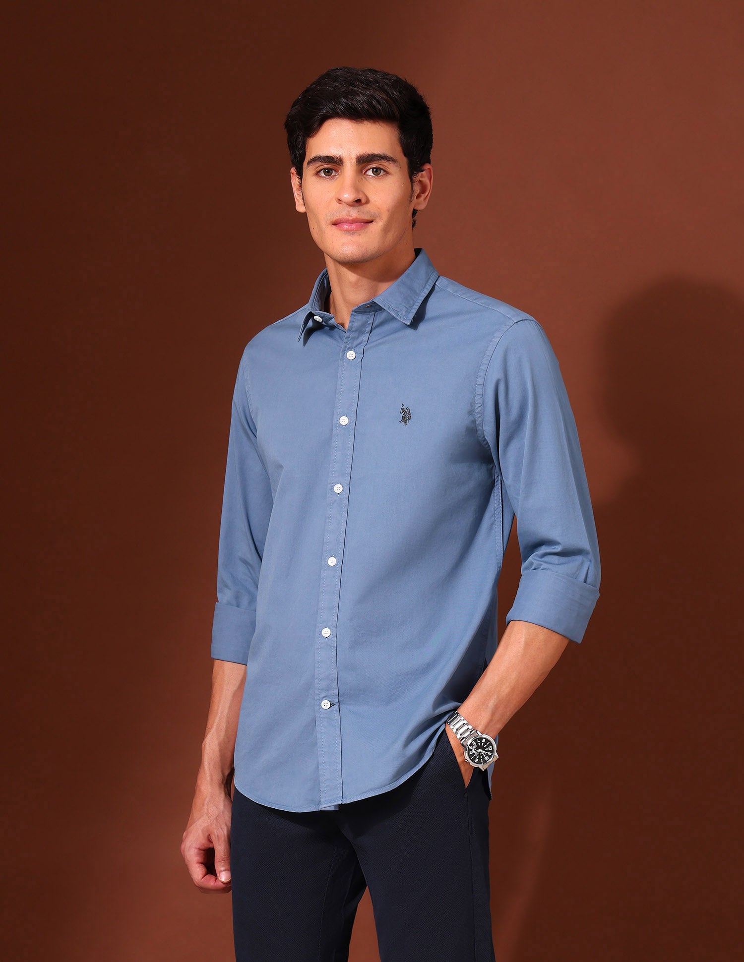 Pure Cotton Regular Fit Twill Shirt Blue - U.S. Polo Assn. India | Large