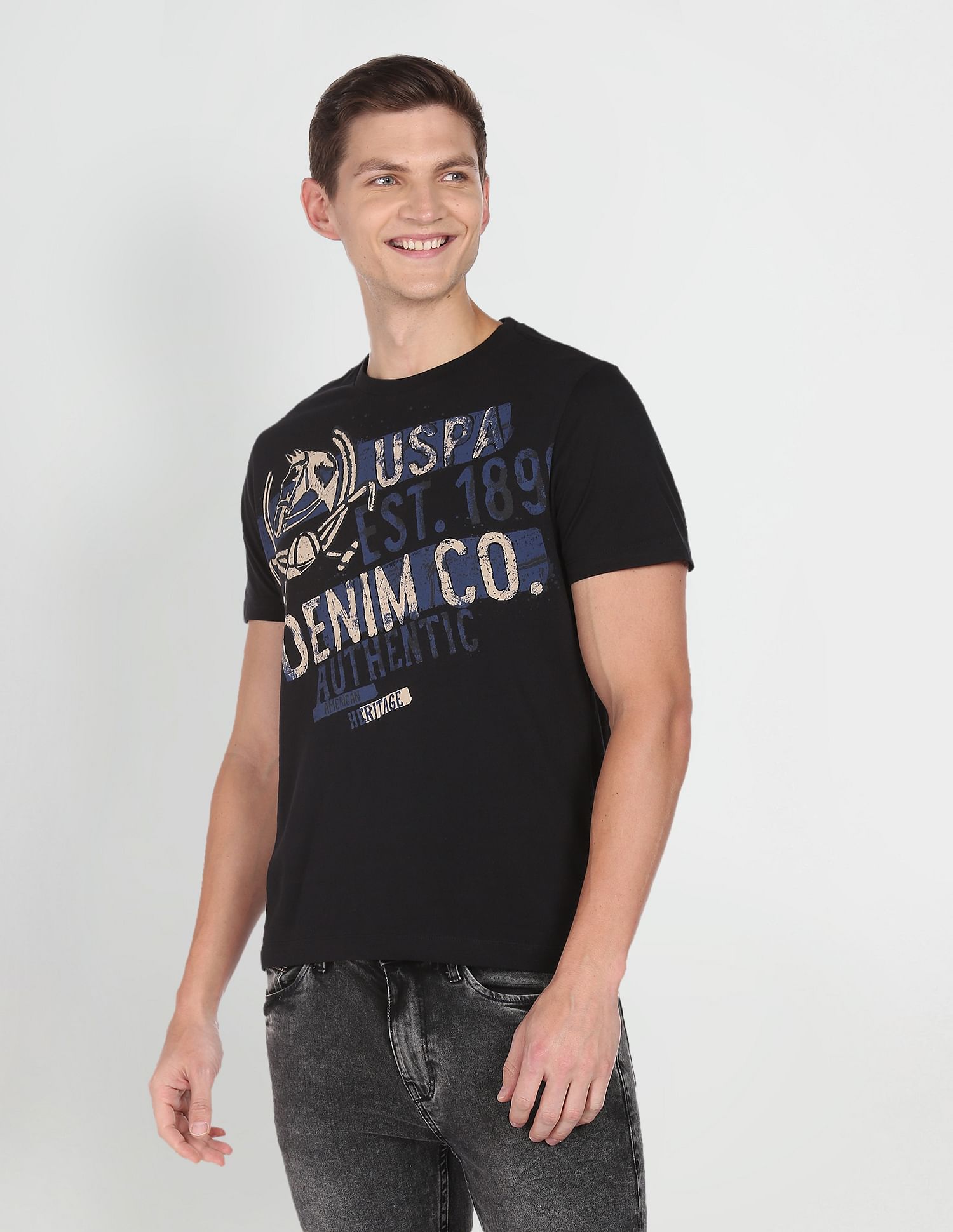 Crew Neck Graphic Print Cotton T-Shirt Black - U.S. POLO ASSN. | Large