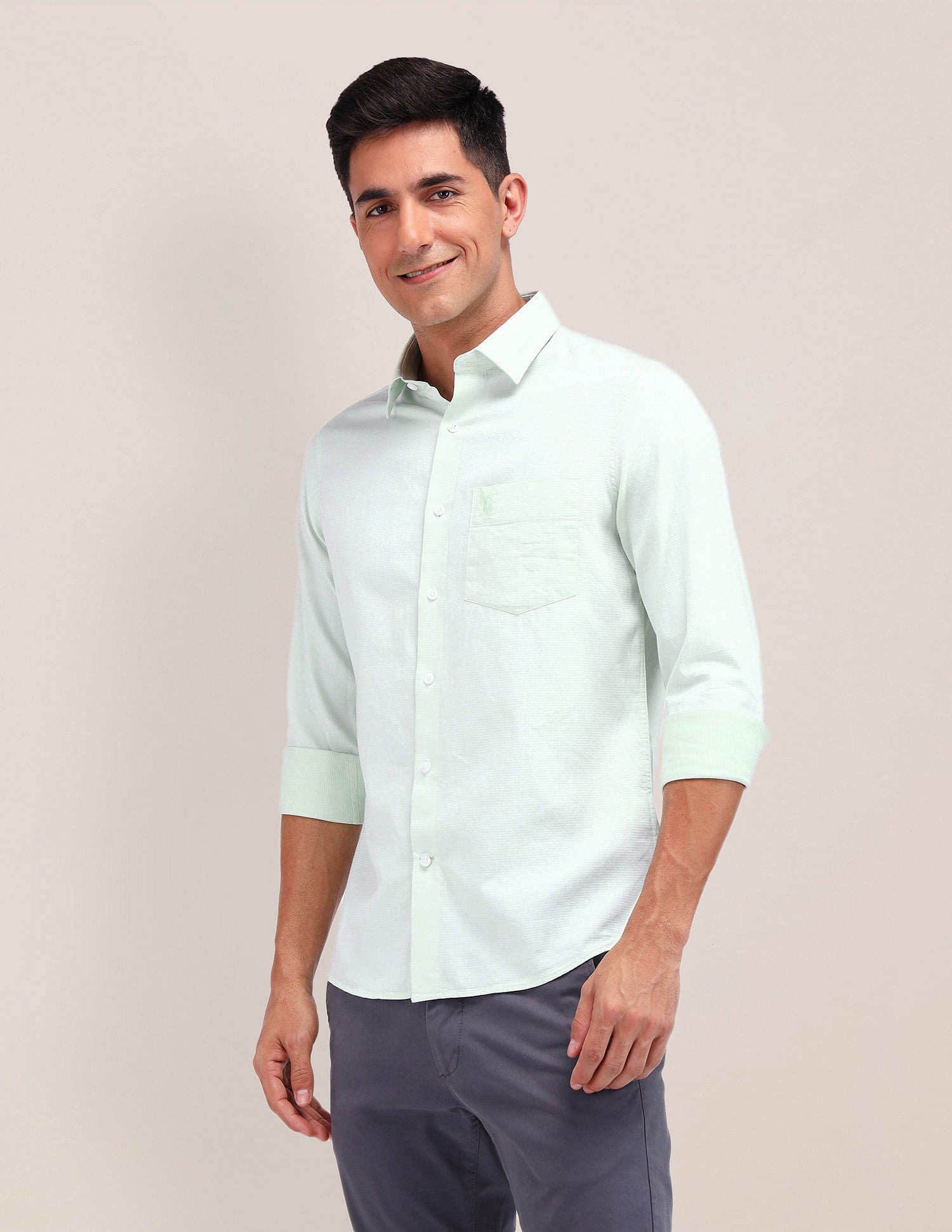 Tailored Fit Pure Cotton Shirt Light Green - U.S. Polo Assn. India | Large