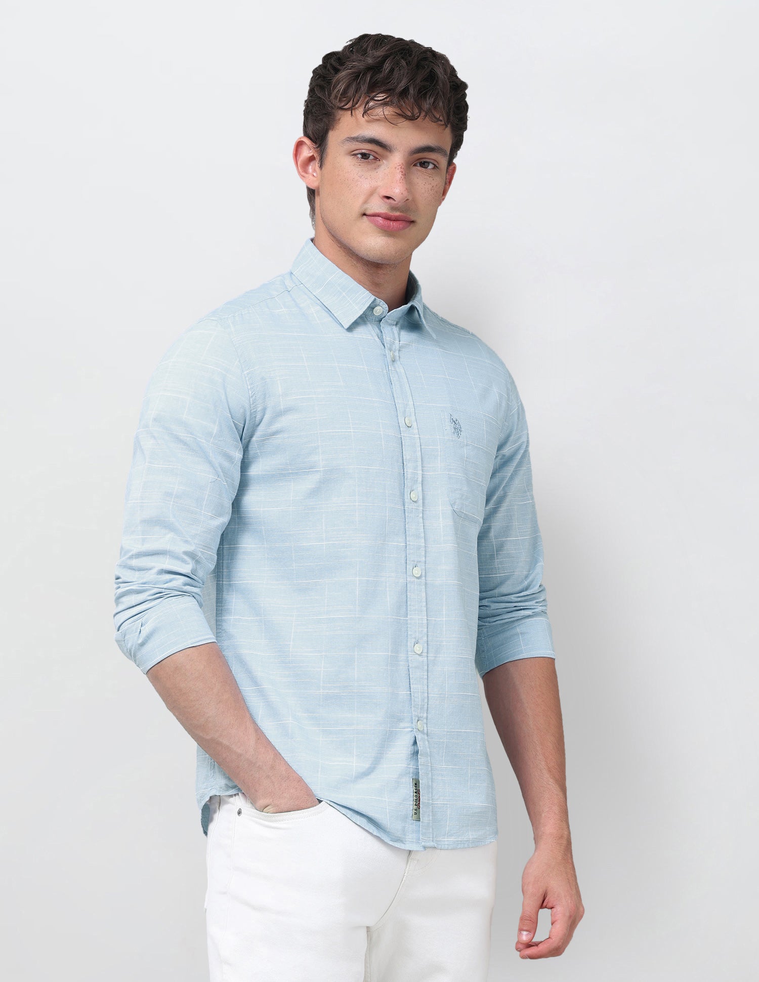 Windowpane Checked Jaquard Shirt Light Blue - U.S. Polo Assn. India | Large