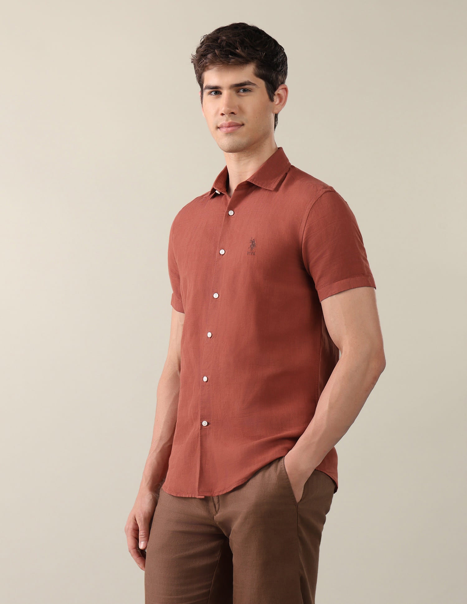 Solid Regular Fit Shirt Brown - U.S. Polo Assn. India | Large