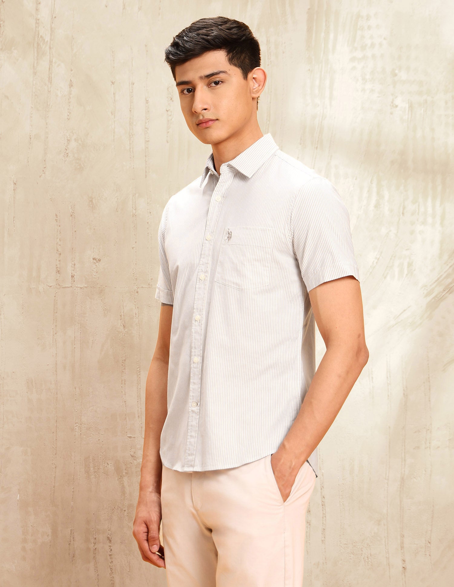 Vertical Striped Tailored Fit Shirt Beige - U.S. POLO ASSN. | Large