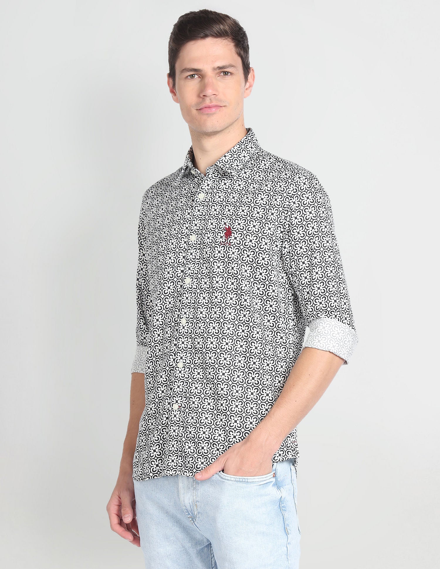 Cutaway Collar Motif Print Shirt Black and Ivory - U.S. POLO ASSN. | Large