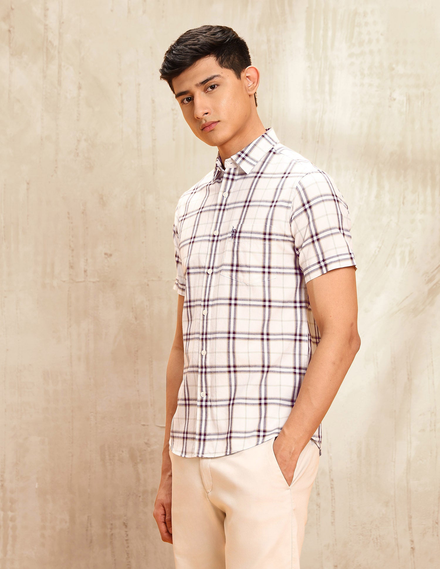 Windowpane Checked Tailored Fit Shirt Beige - U.S. POLO ASSN. | Large